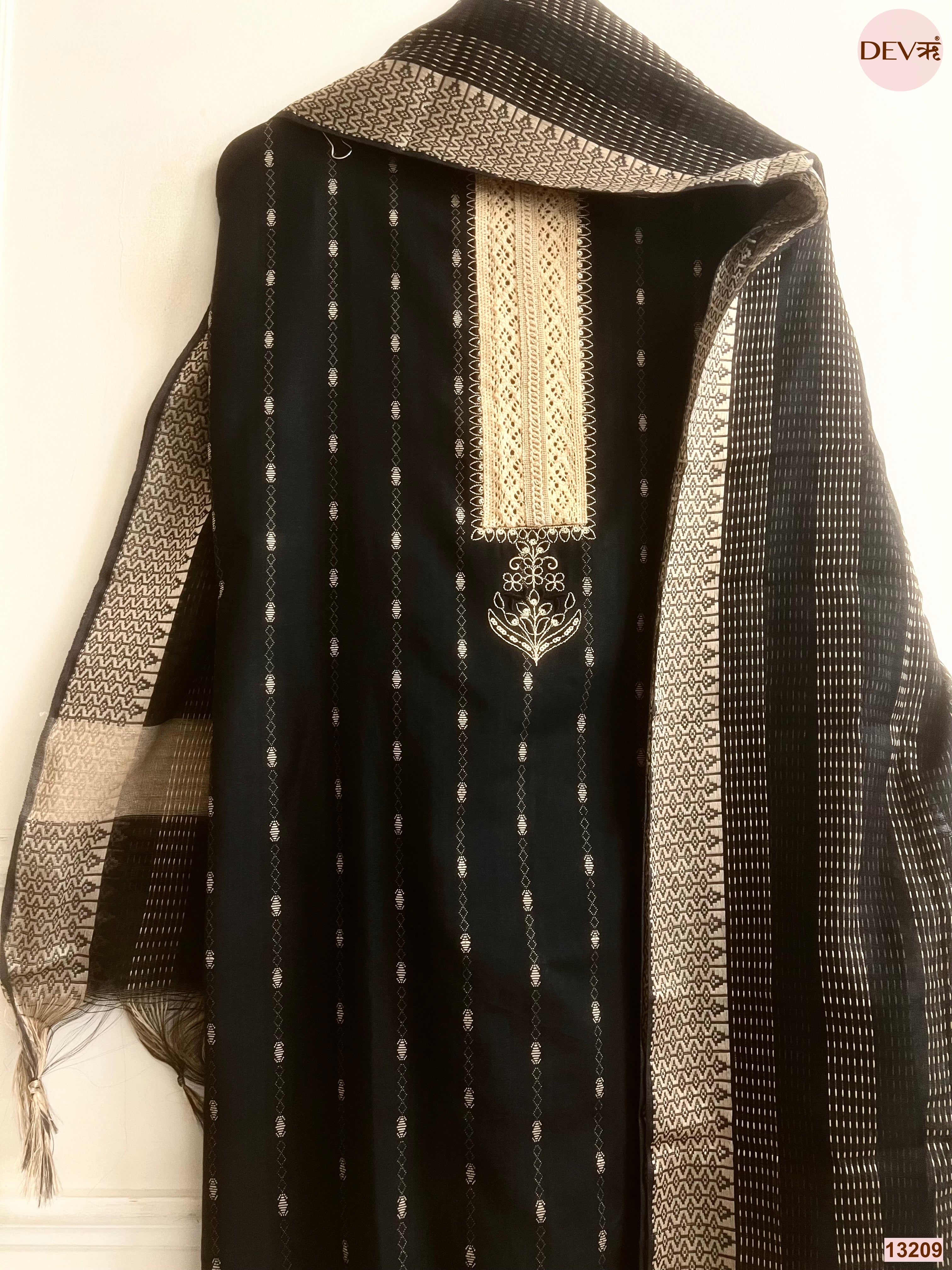 Black Cotton Handloom Printed Unstitched 3-Piece Suit (Devri – D.No 13209)