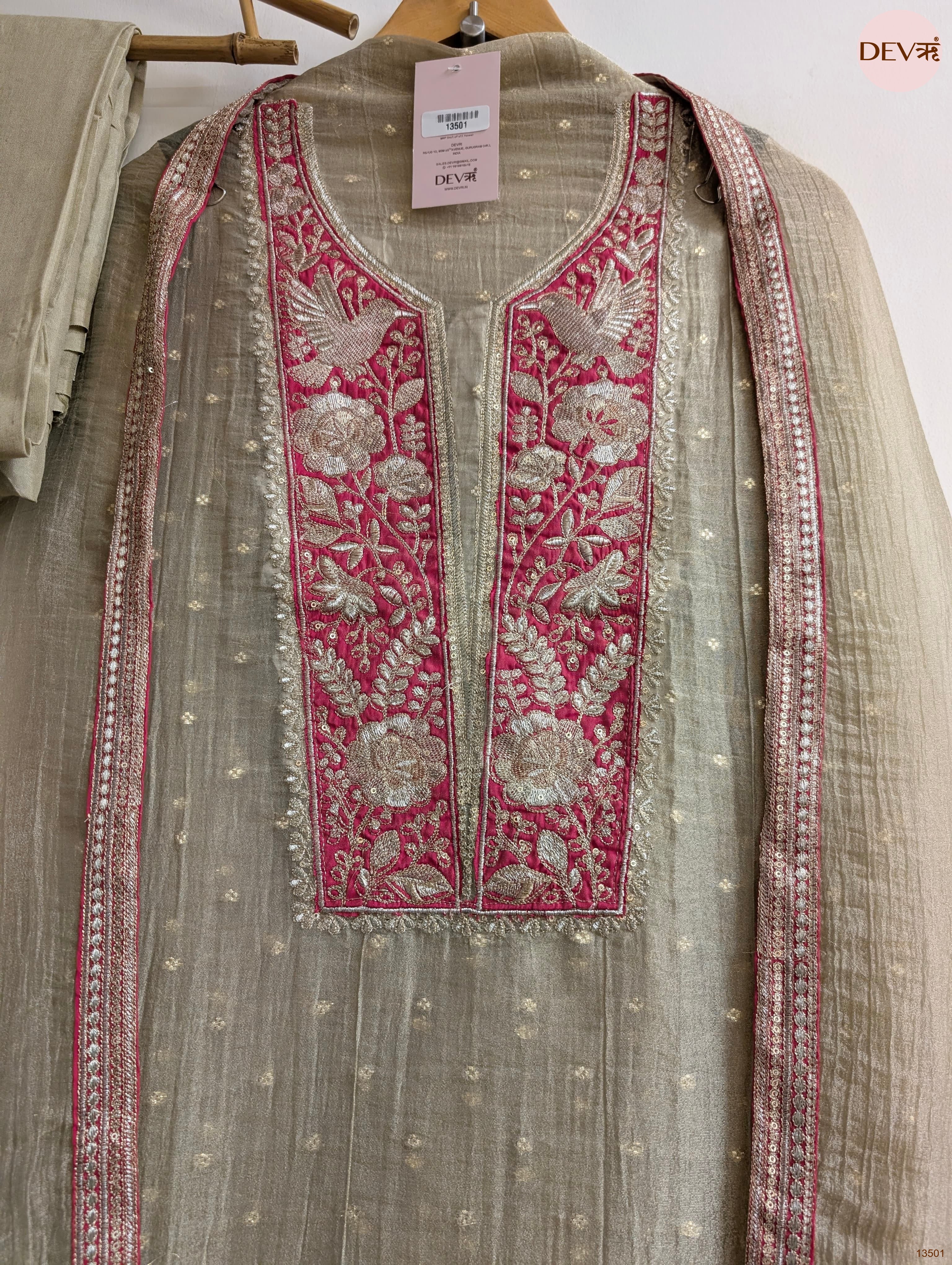 Olive Tissue Silk Embroidered Unstitched 3-Piece Suit (Devri – D.No 13501)