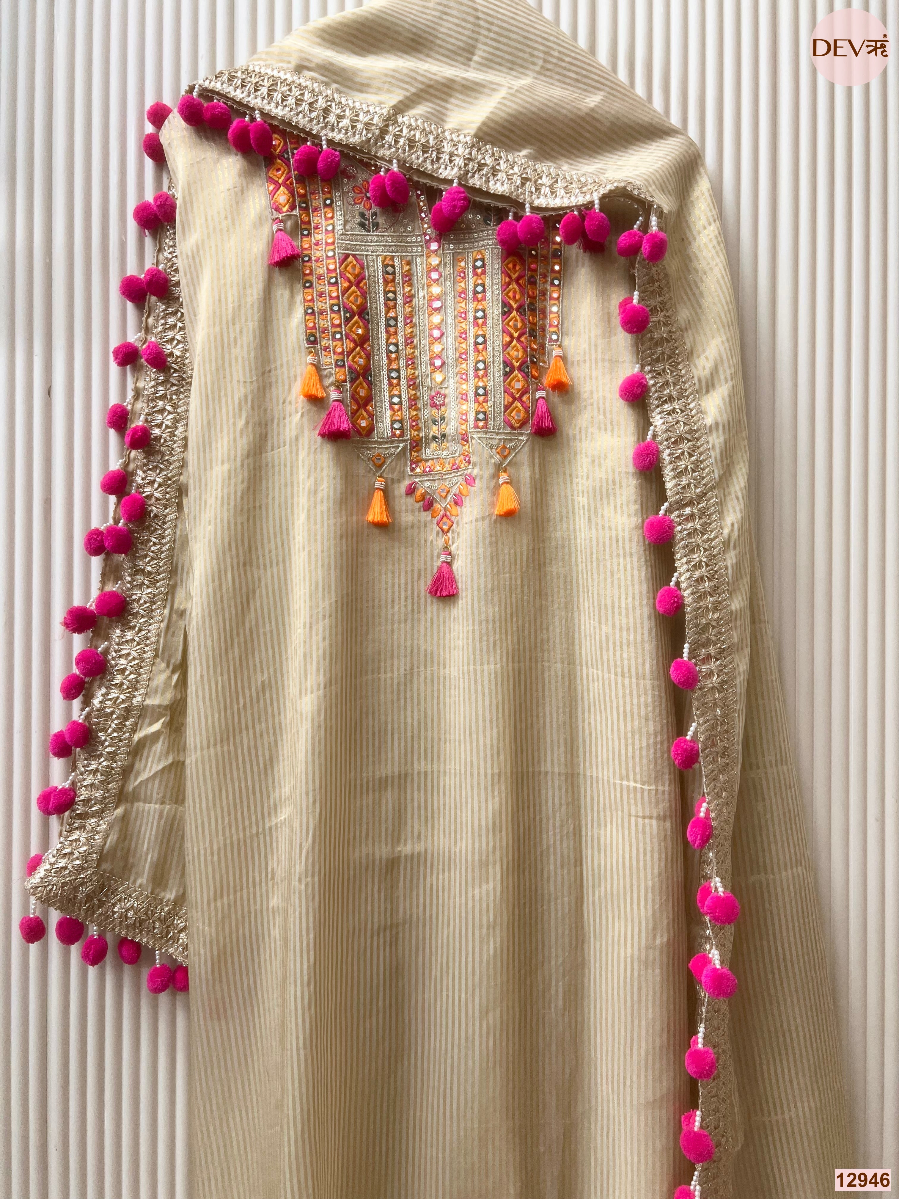 Cream Tissue Silk Embroidered Unstitched 3-Piece Suit (Devri – D.No 12946)