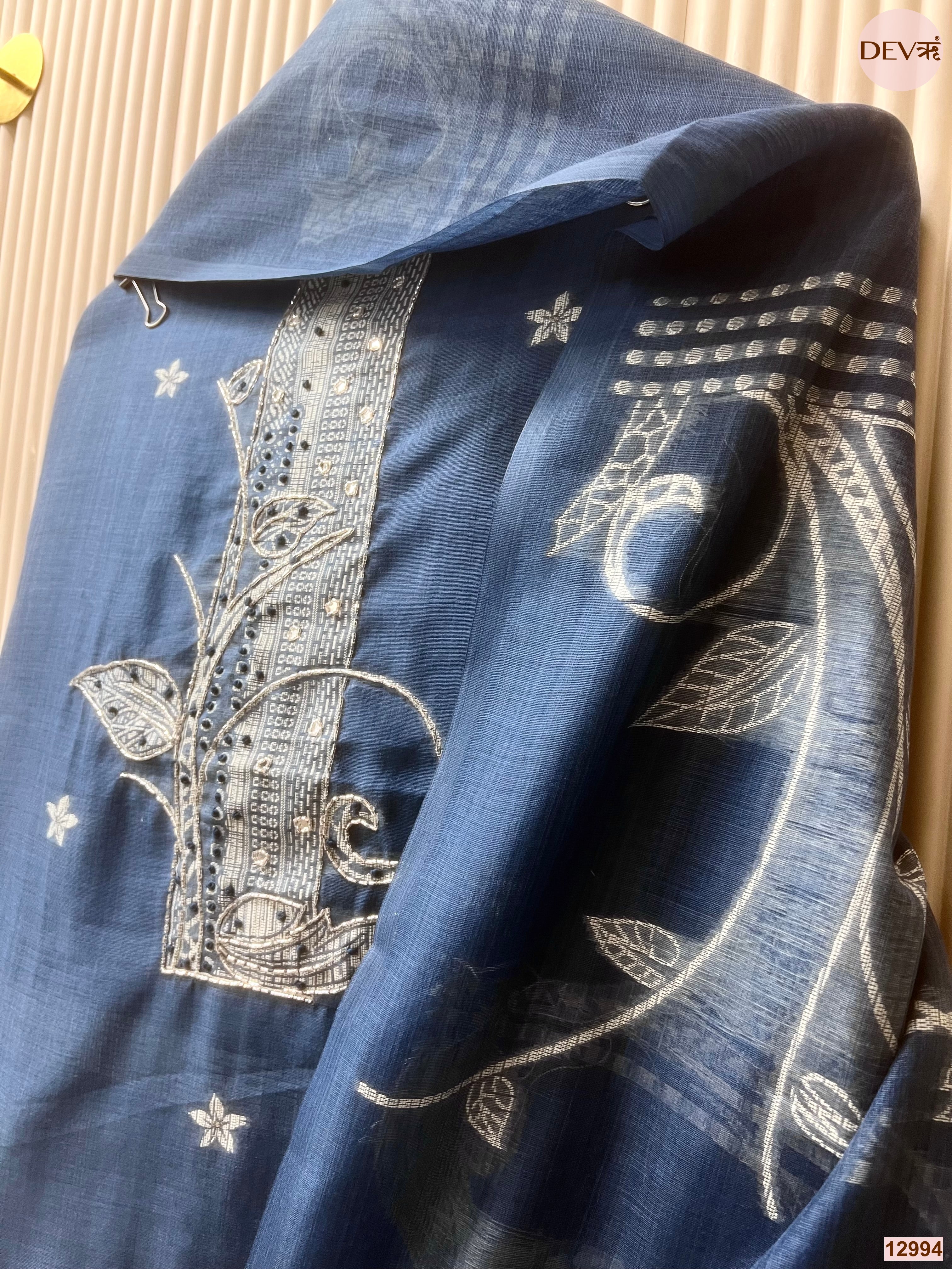 Blue Linen Cotton Printed Unstitched 3-Piece Suit (Devri – D.No 12994)