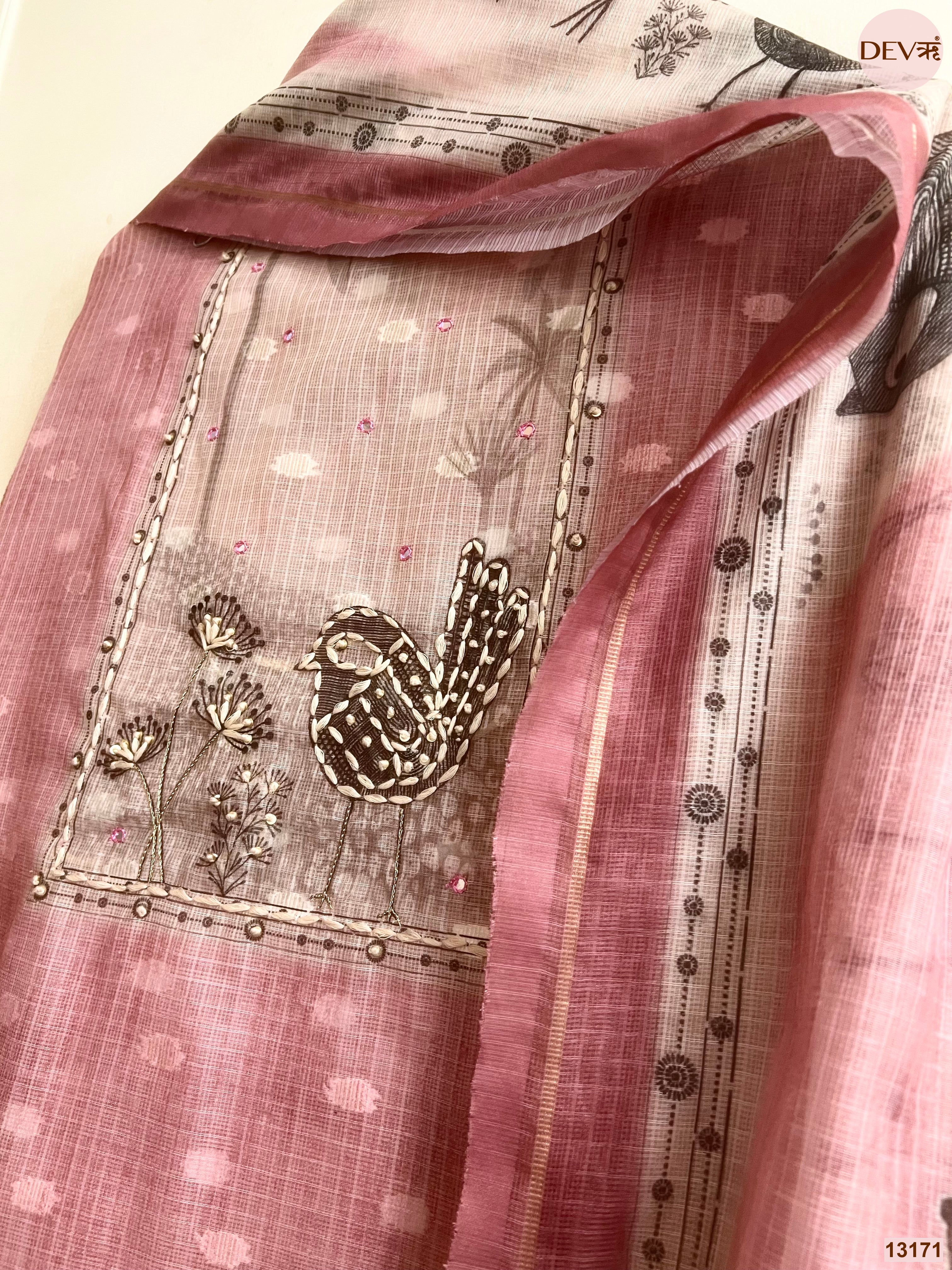 Pink Kota Printed Unstitched 3-Piece Suit (Devri – D.No 13171)