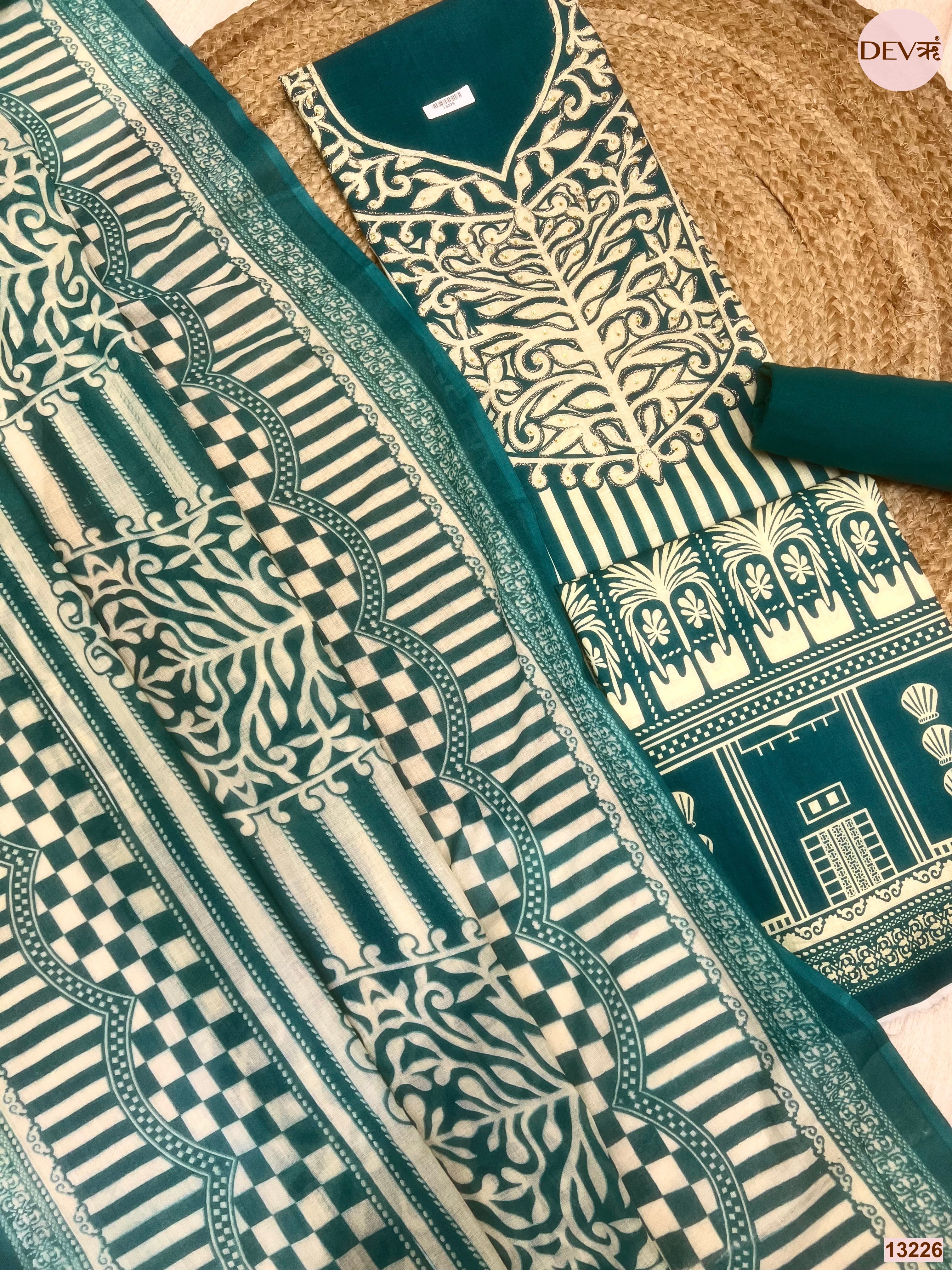 Teal Cotton Printed Unstitched 3-Piece Suit (Devri – D.No 13226)