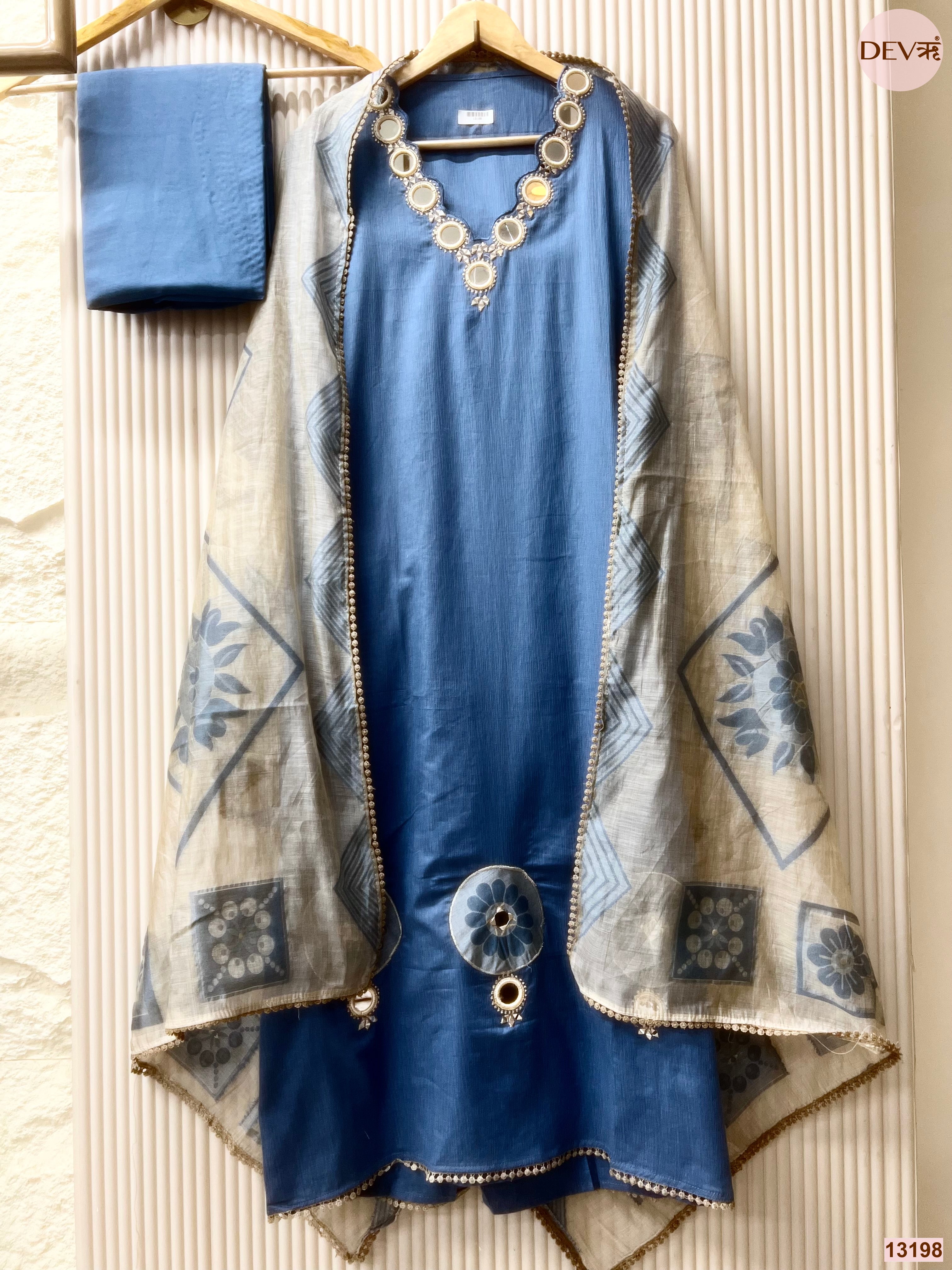 Blue Jamdani Cotton Hand Unstitched 3-Piece Suit (Devri – D.No 13198)