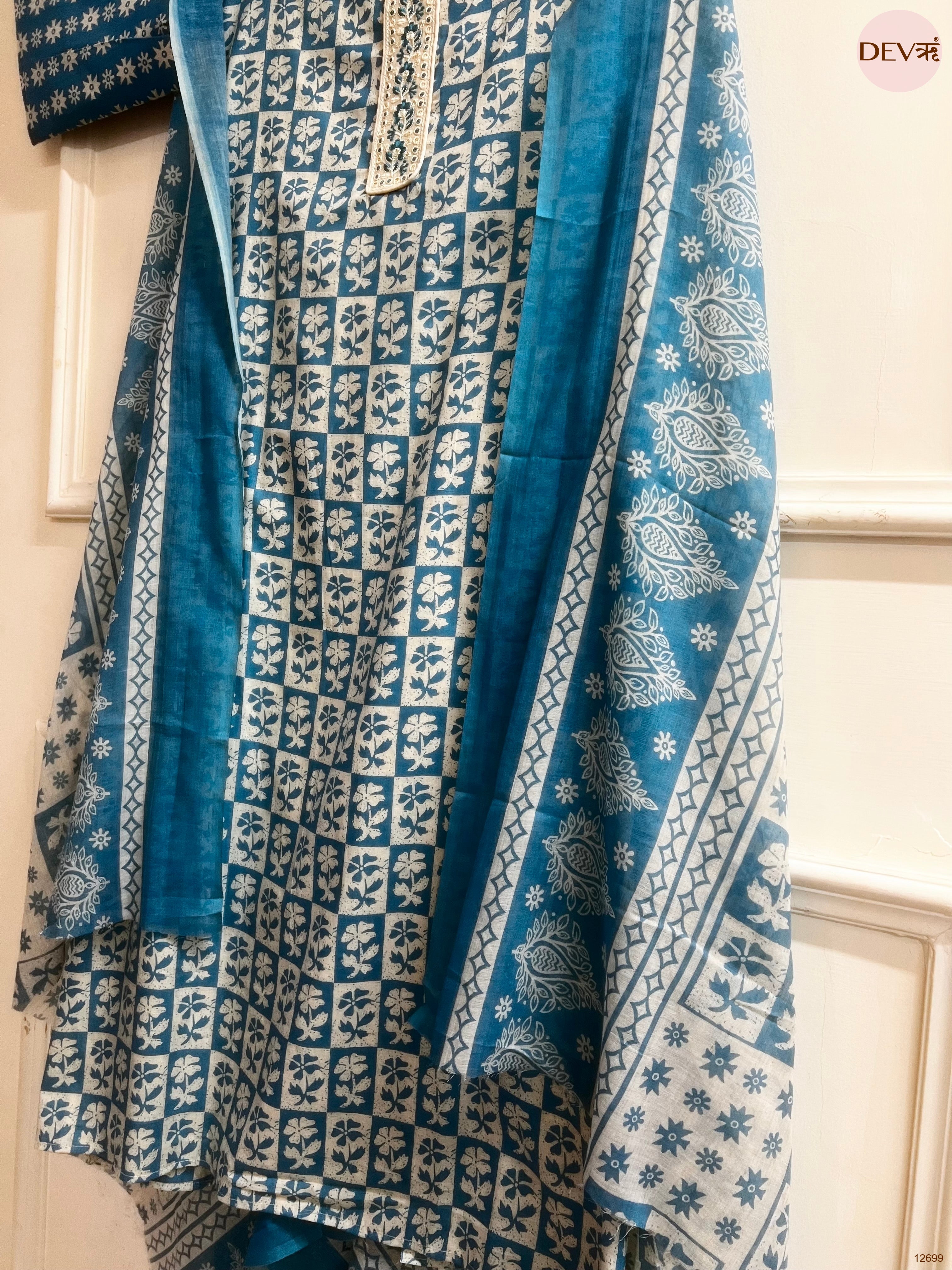 Blue Cotton Printed Unstitched 3-Piece Suit (Devri – D.No 12699)