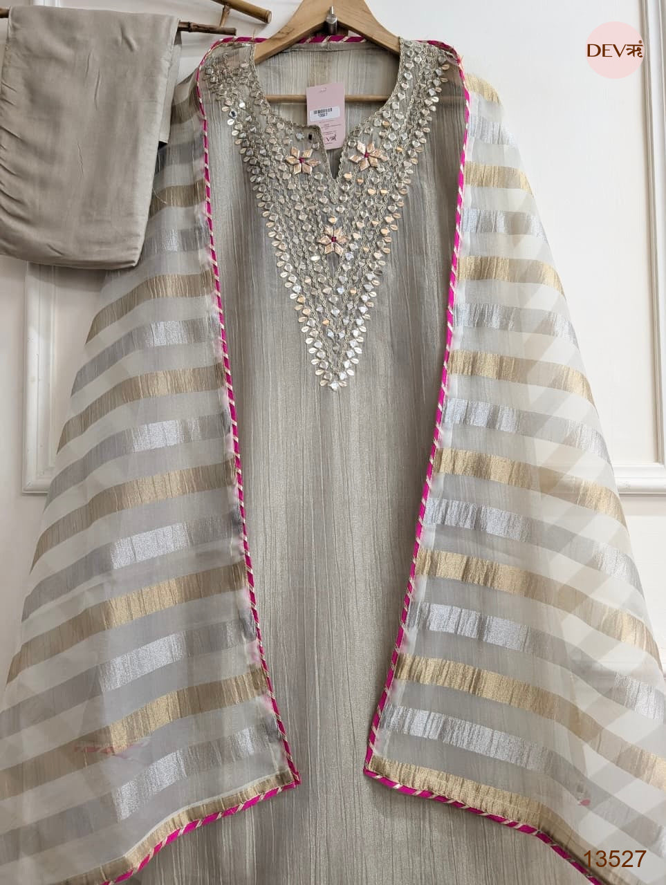 Grey Tissue Silk Embroidered Unstitched 3-Piece Suit (Devri – D.No 13527)