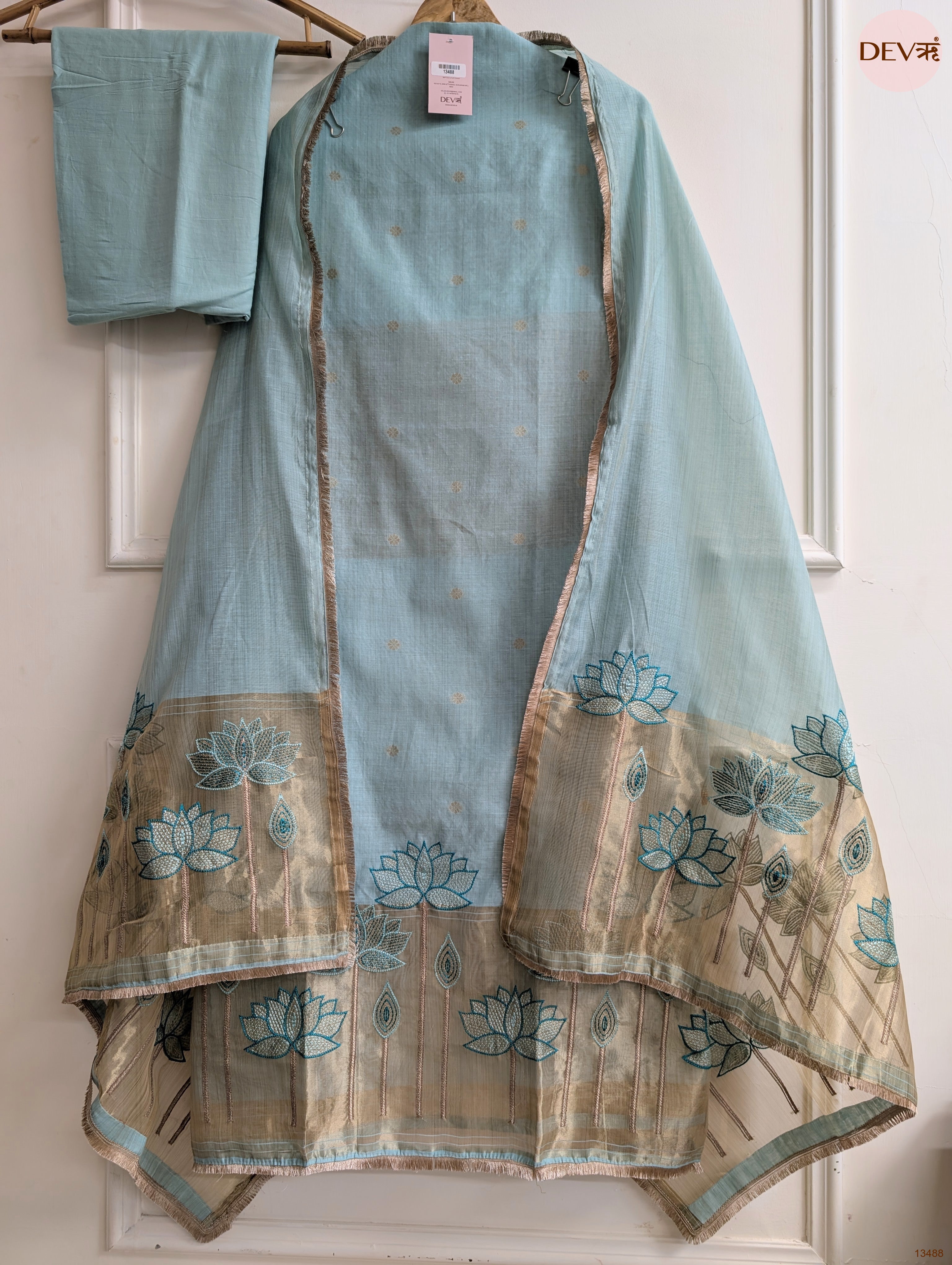 Blue Banarashi Silk Embroidered Unstitched 3-Piece Suit (Devri – D.No 13488)