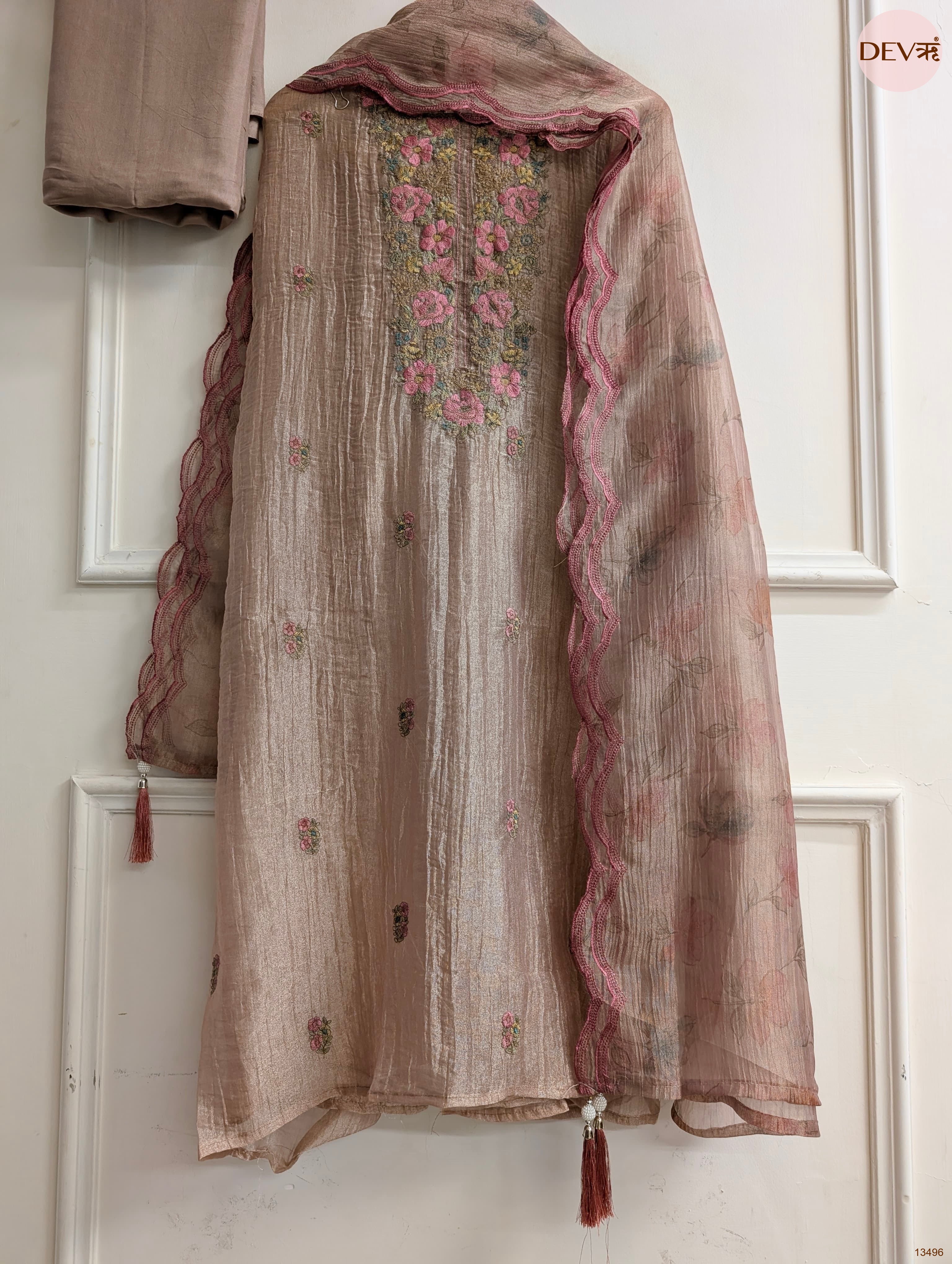 Beige Tissue Crush Silk Embroidered Unstitched 3-Piece Suit (Devri – D.No 13496)
