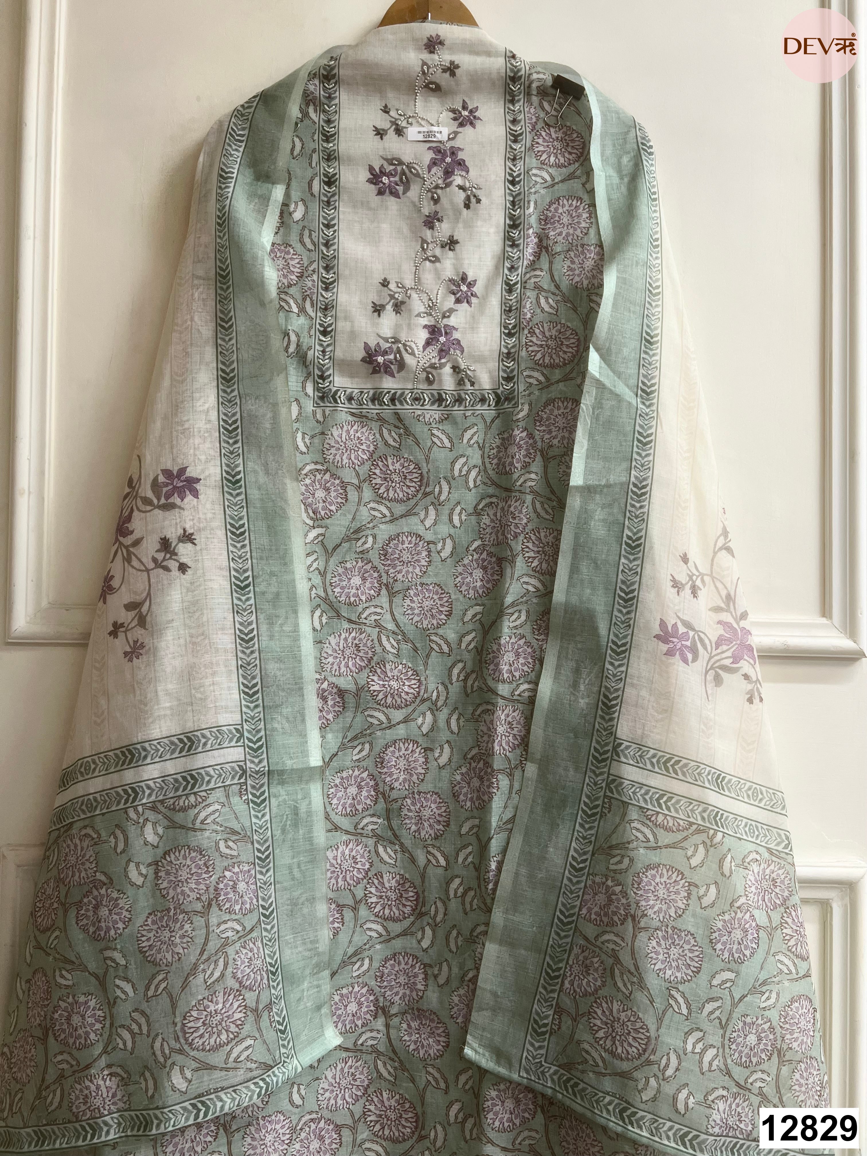 Sage Green Linen Cotton Printed Unstitched 3-Piece Suit (Devri – D.No 12829)