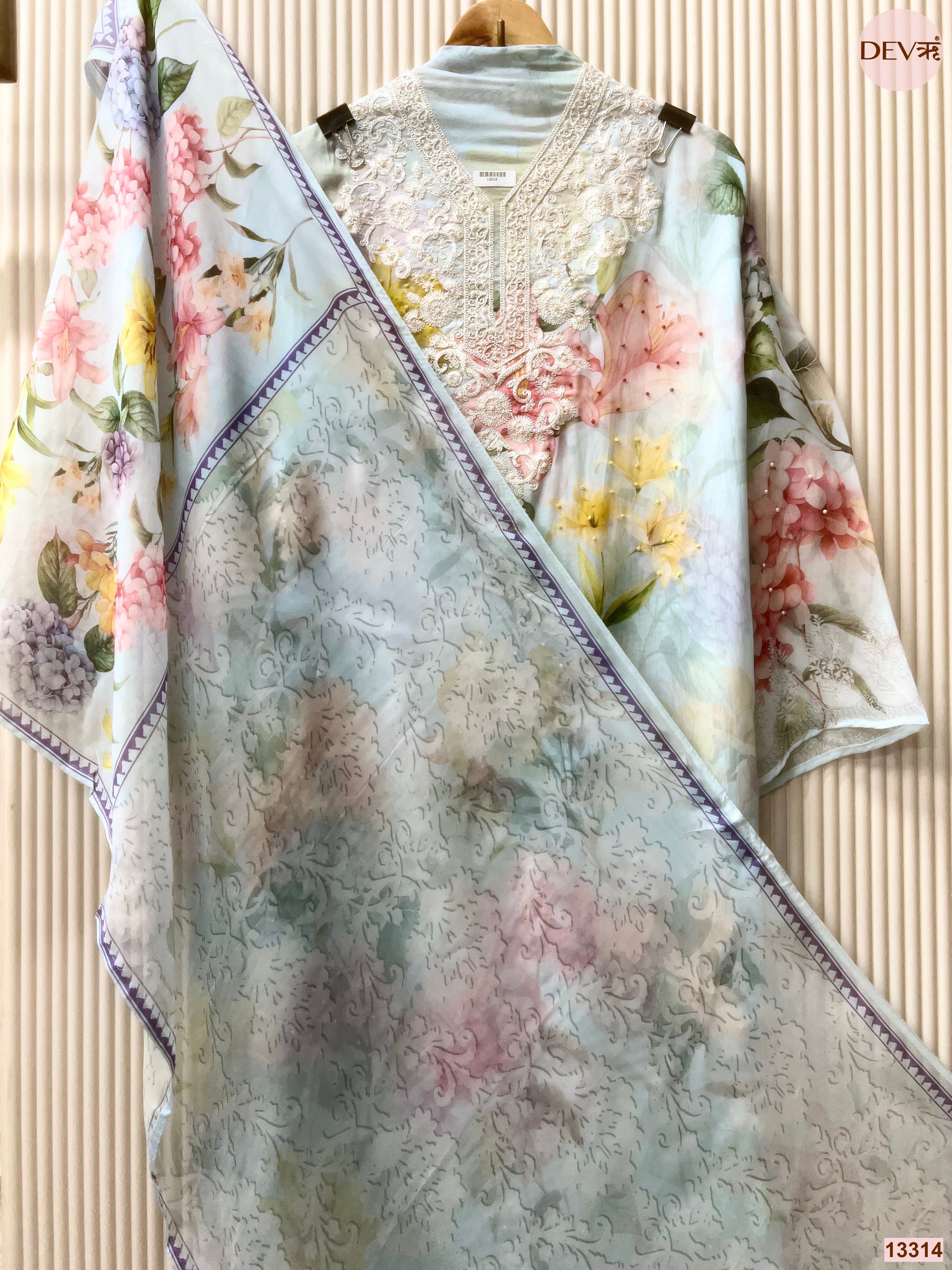 Blue Organza Printed Unstitched 3-Piece Suit (Devri – D.No 13314)