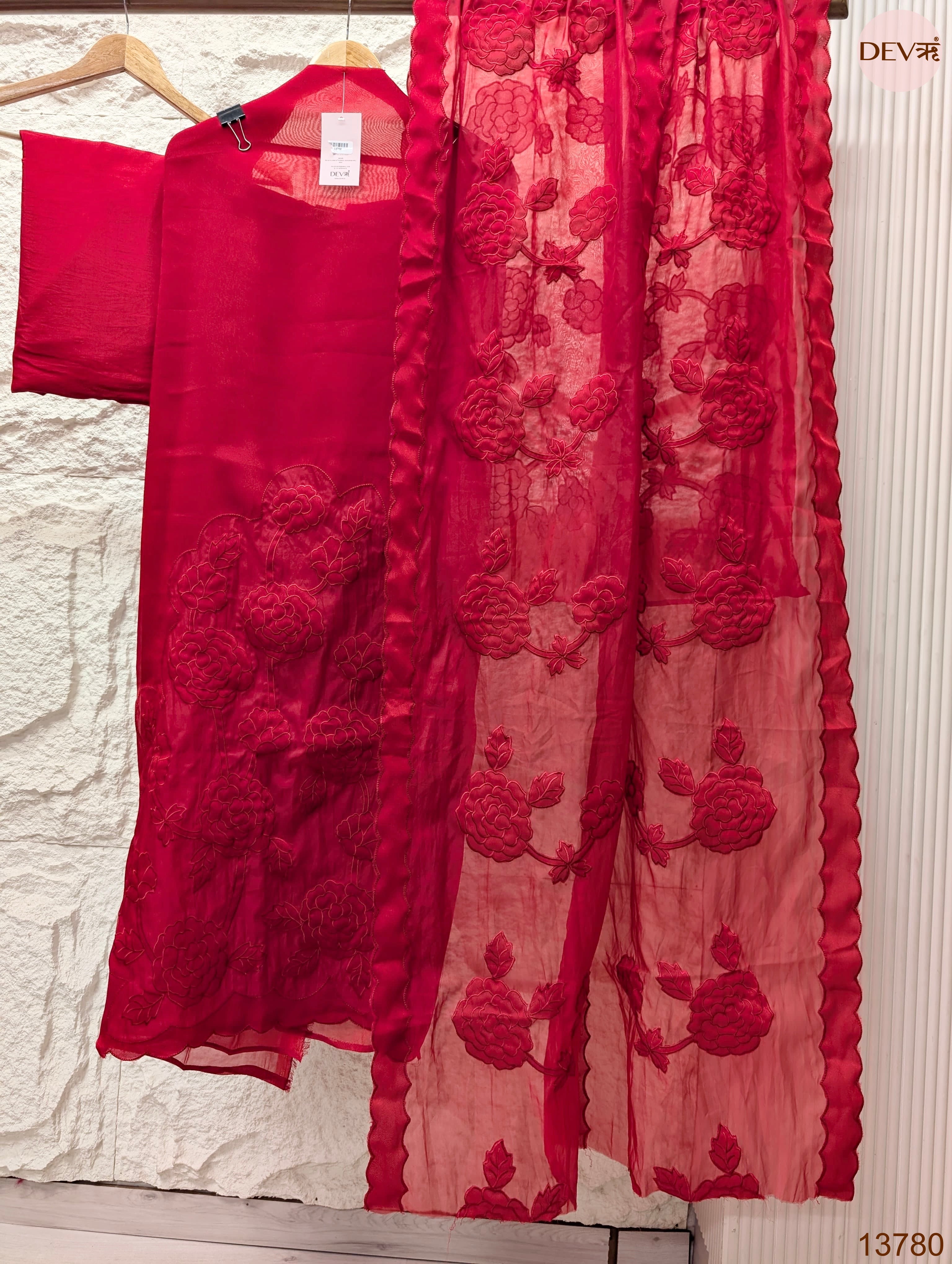 Pink Tissue Silk Blend Embroidered Unstitched 3-Piece Suit (Devri – D.No 13780)