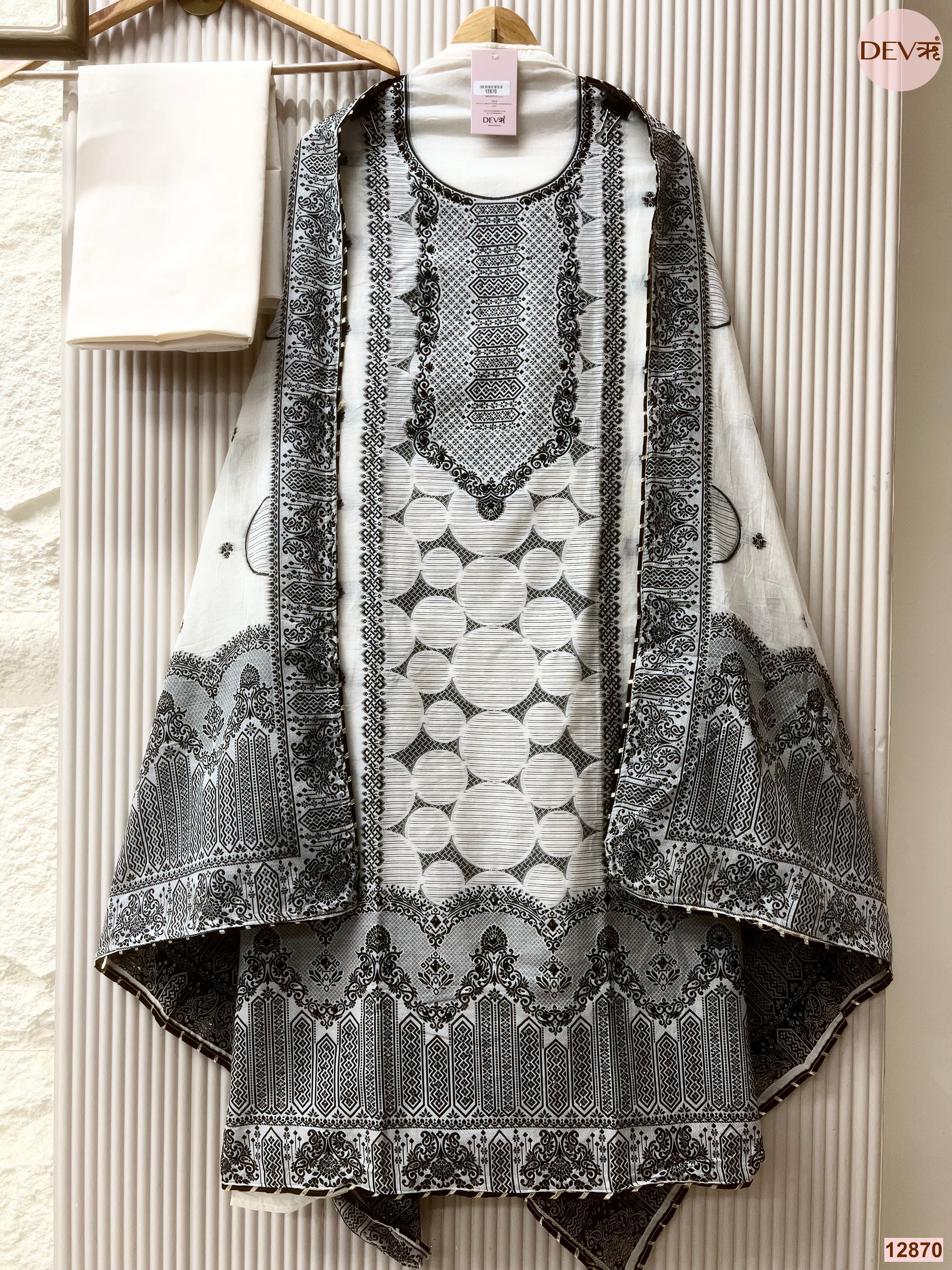White Jamdani Cotton Printed Unstitched 3-Piece Suit (Devri – D.No 12870)