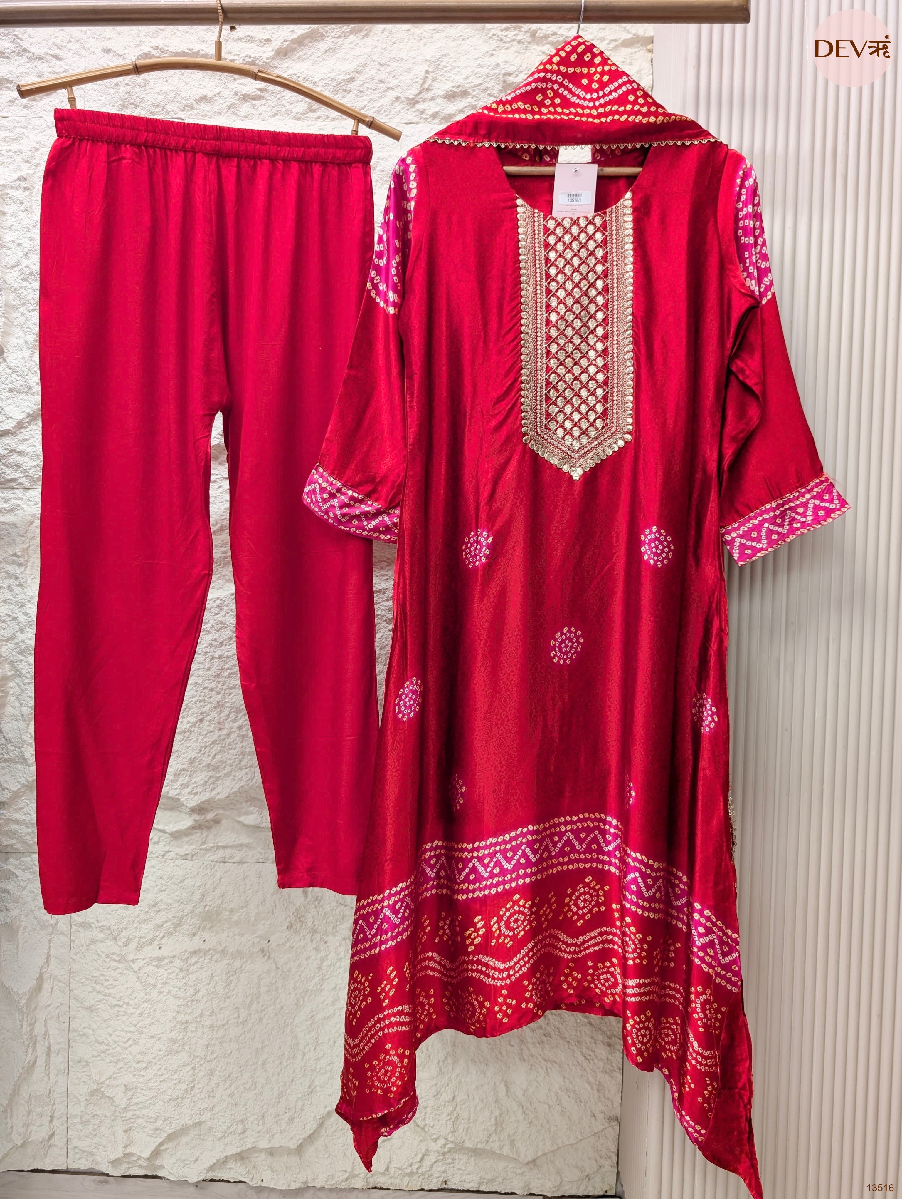 Gulnaar Gajji silk Embroidered Magenta 3-Piece Set (Devri – D.No 13516)