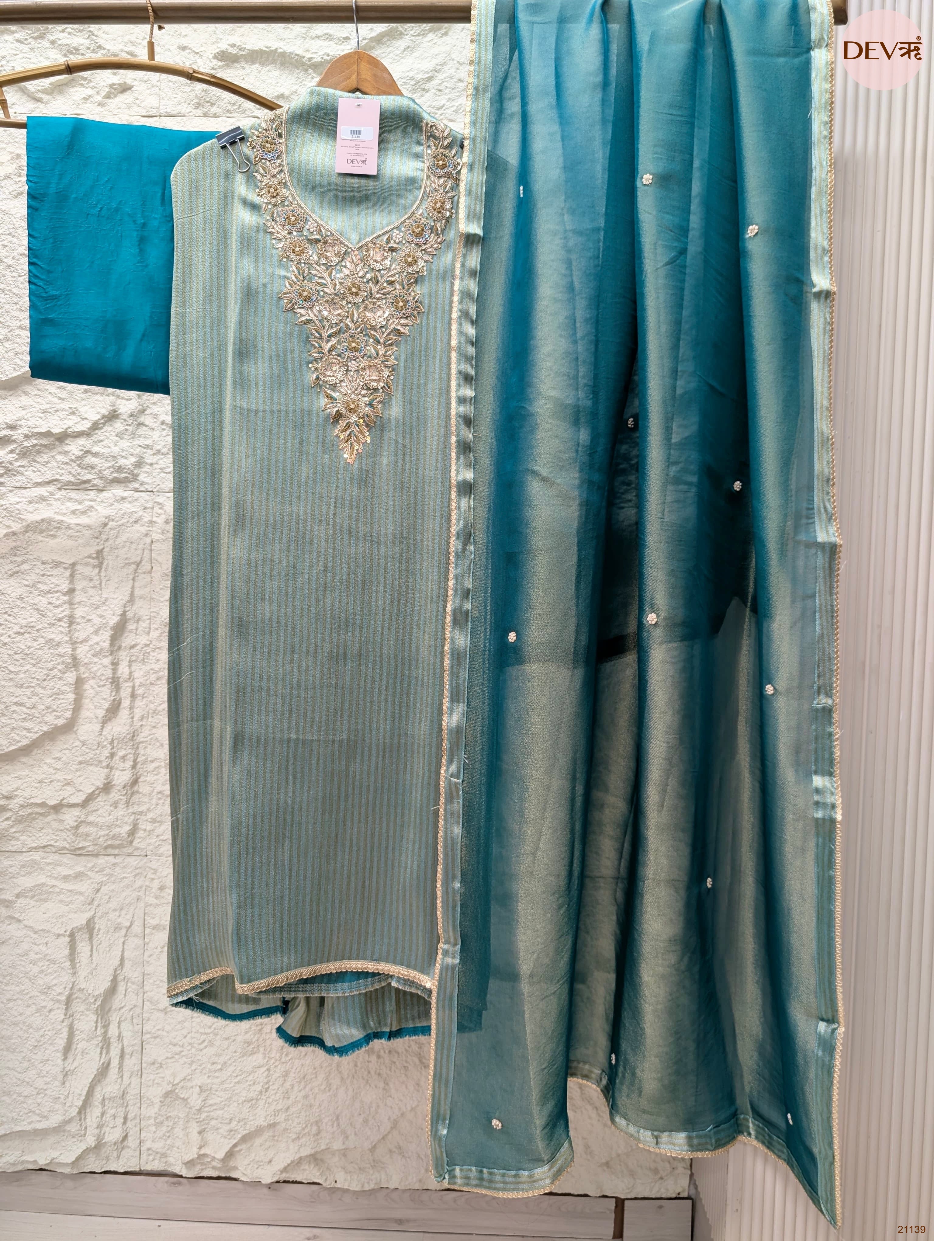 Teal Pure Tissue Silk Embroidered Unstitched 3-Piece Suit (Devri – D.No 21139)