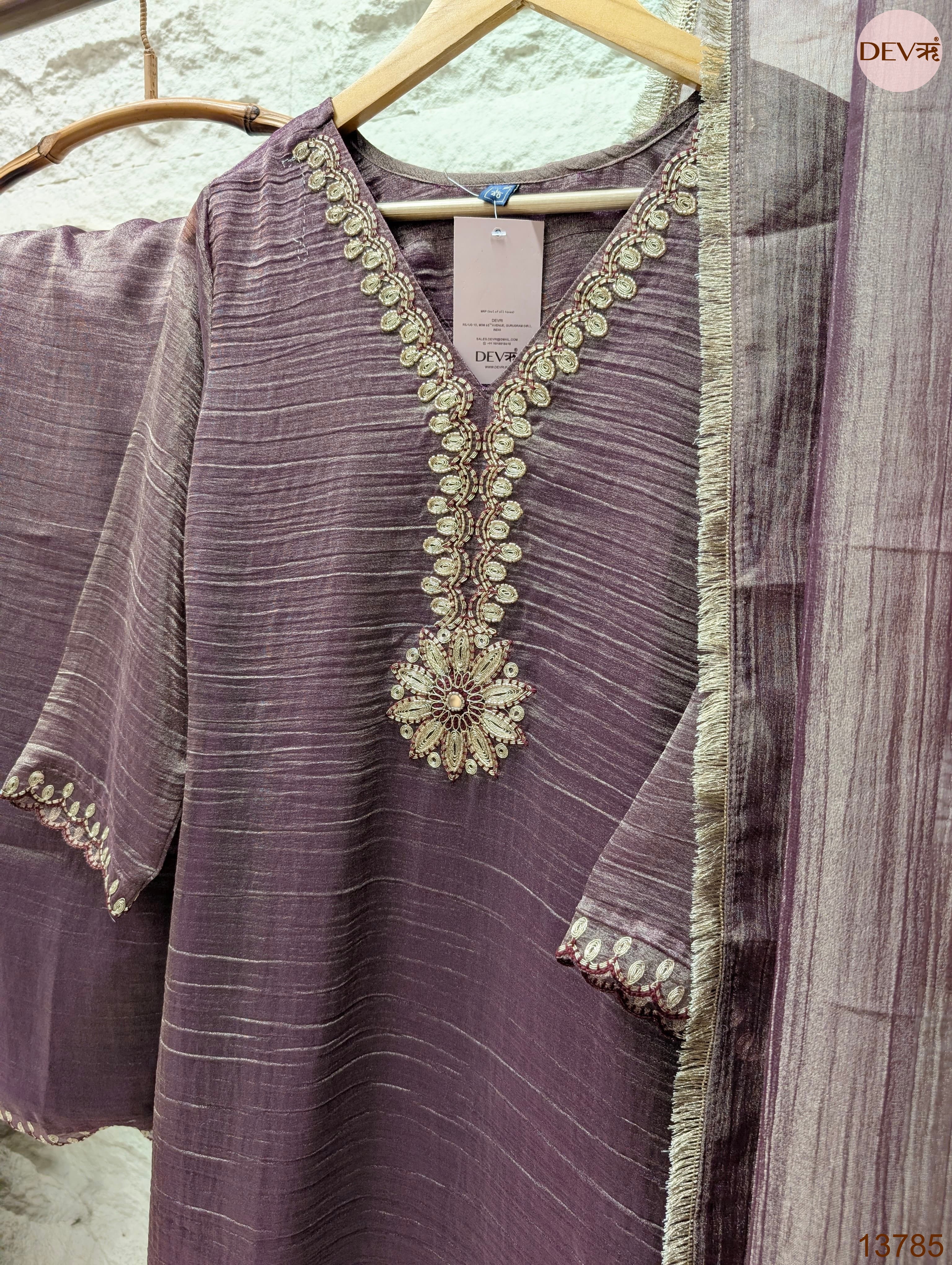 Varnika Tissue crush silk Embroidered Mauve 3-Piece Set (Devri – D.No 13785)