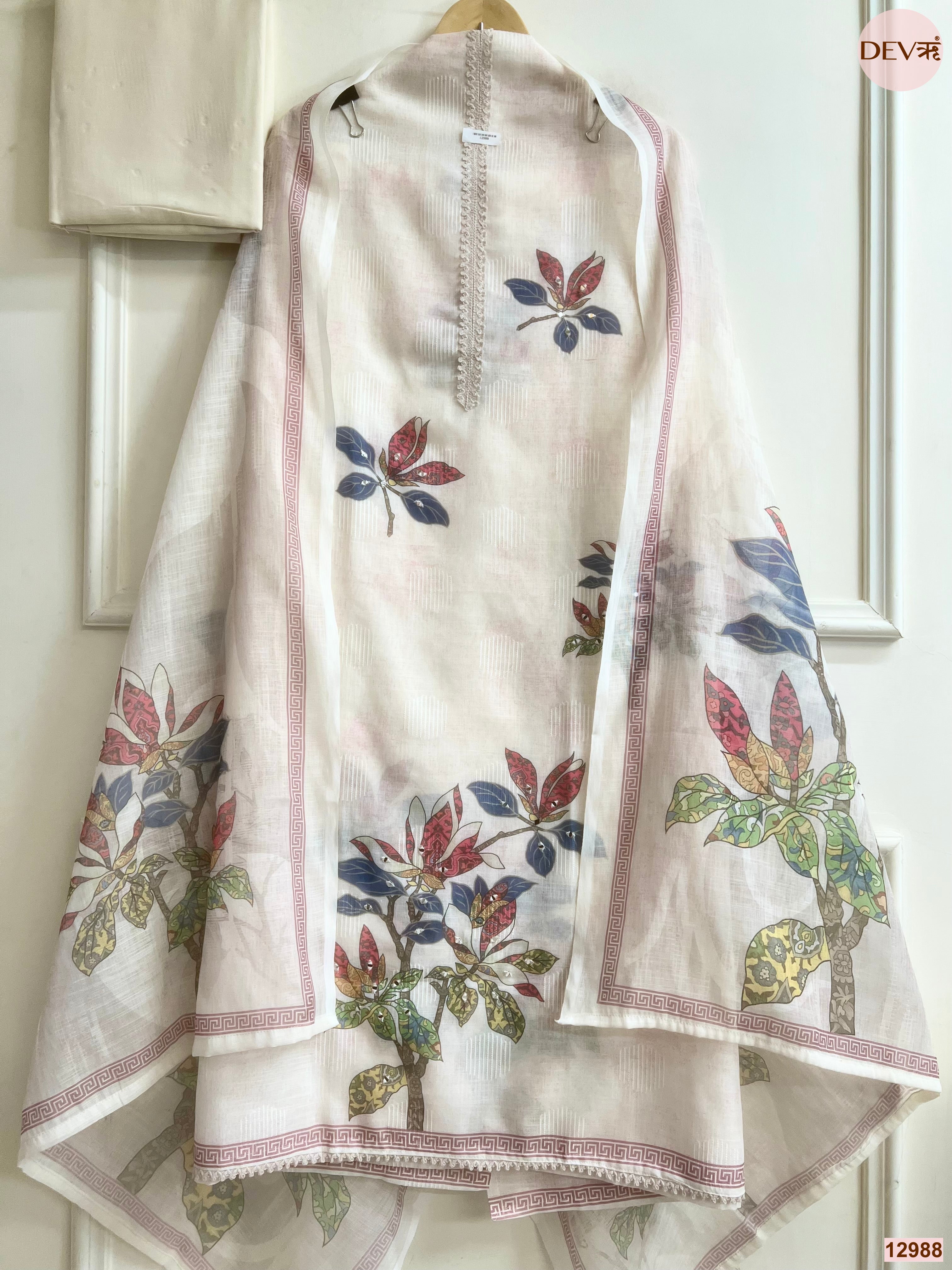 Off White Linen Printed Unstitched 3-Piece Suit (Devri – D.No 12988)