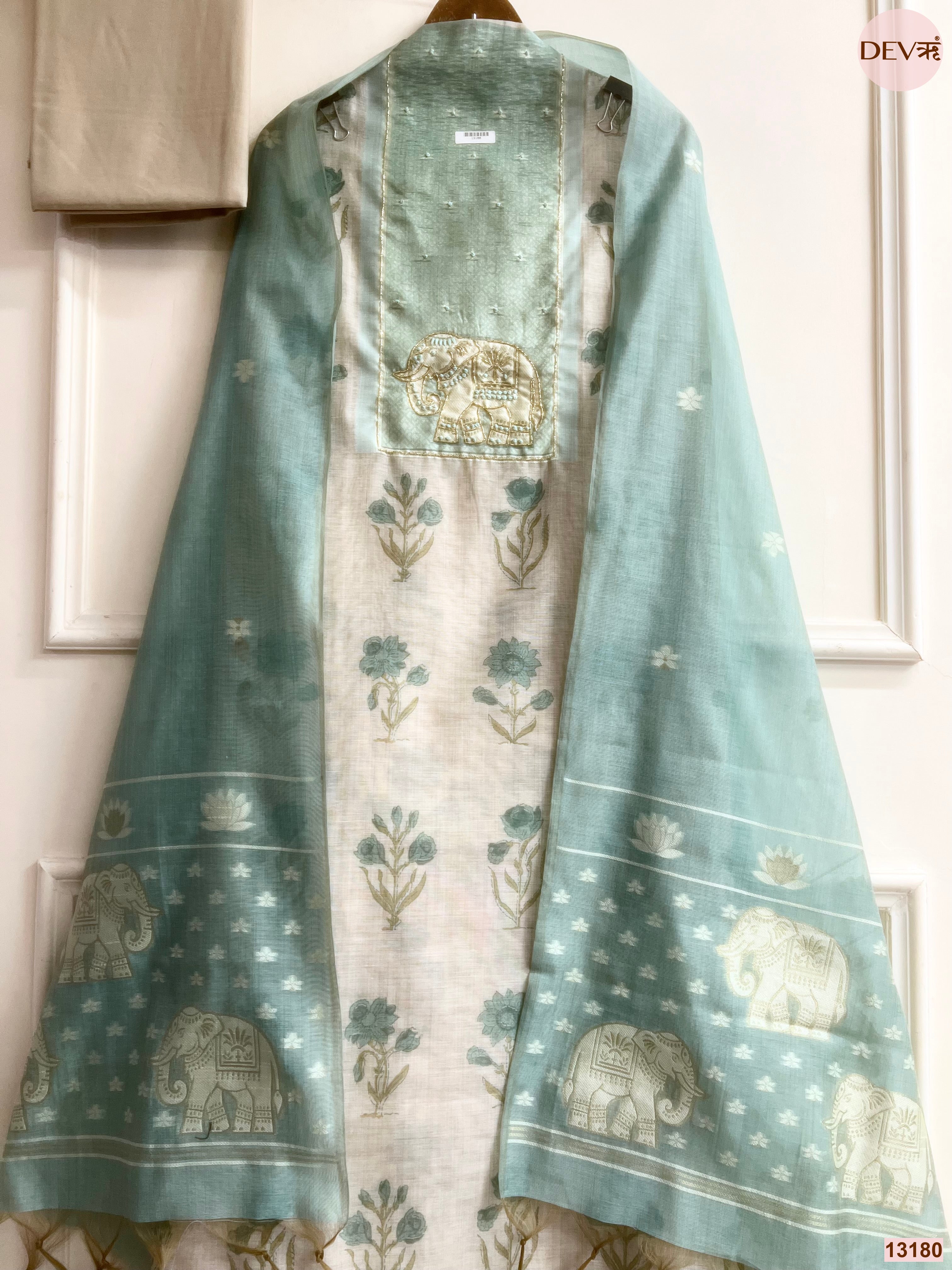 Aqua Mul Chanderi Printed Unstitched 3-Piece Suit (Devri – D.No 13180)