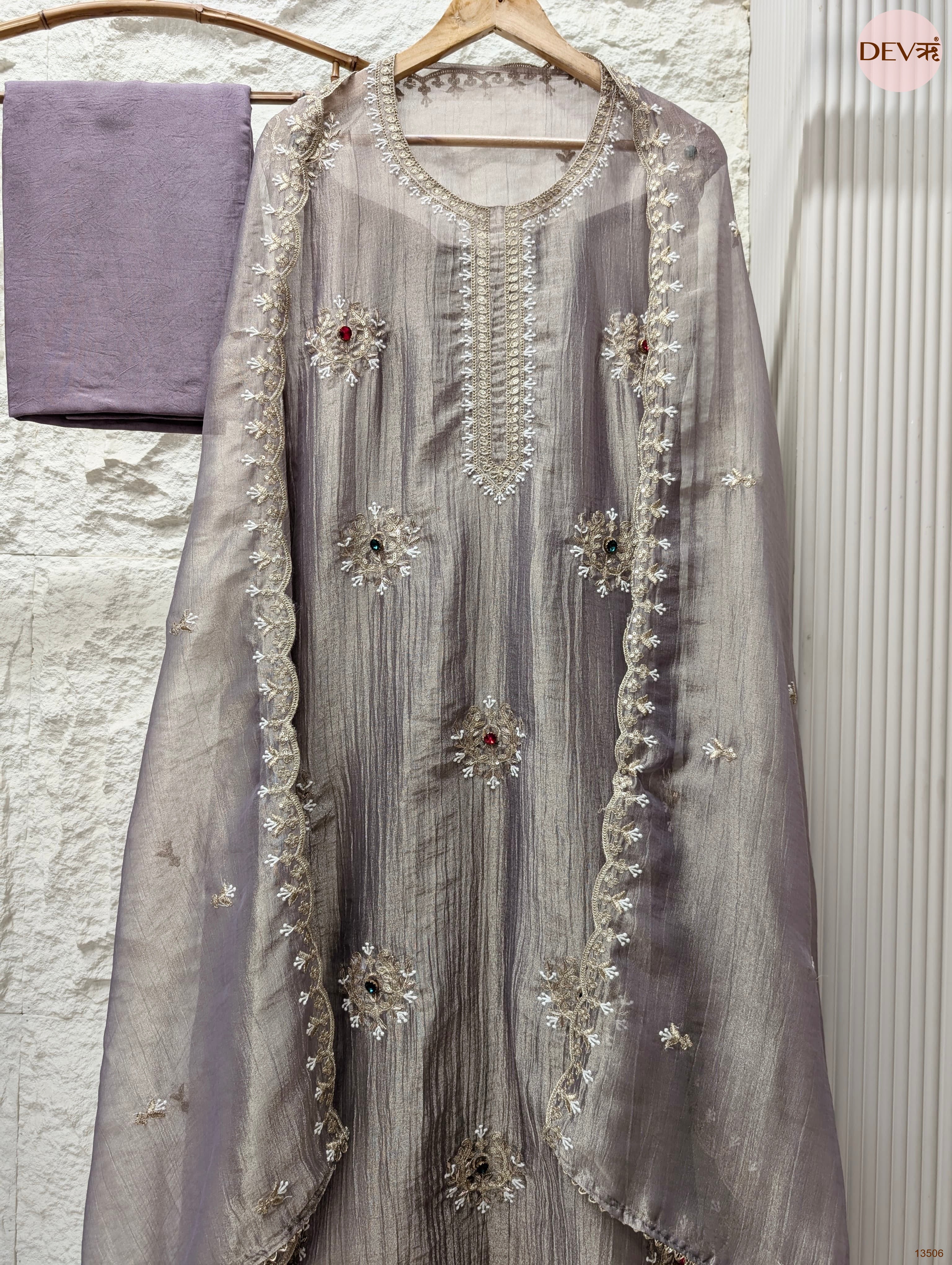 Mauve Tissue Crush Silk Embroidered Unstitched 3-Piece Suit (Devri – D.No 13506)