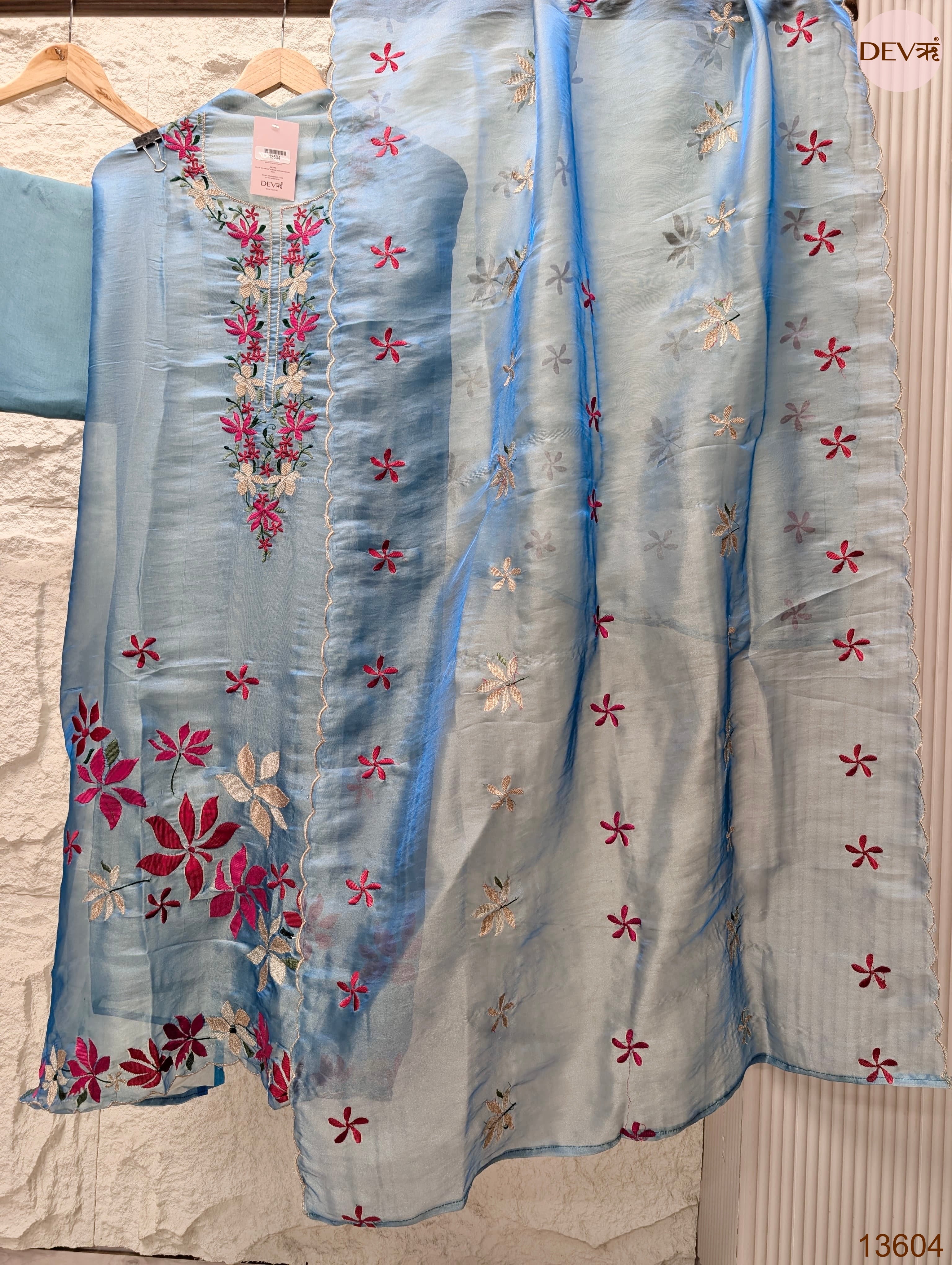 Blue Crush Tissue Silk Embroidered Unstitched 3-Piece Suit (Devri – D.No 13604)