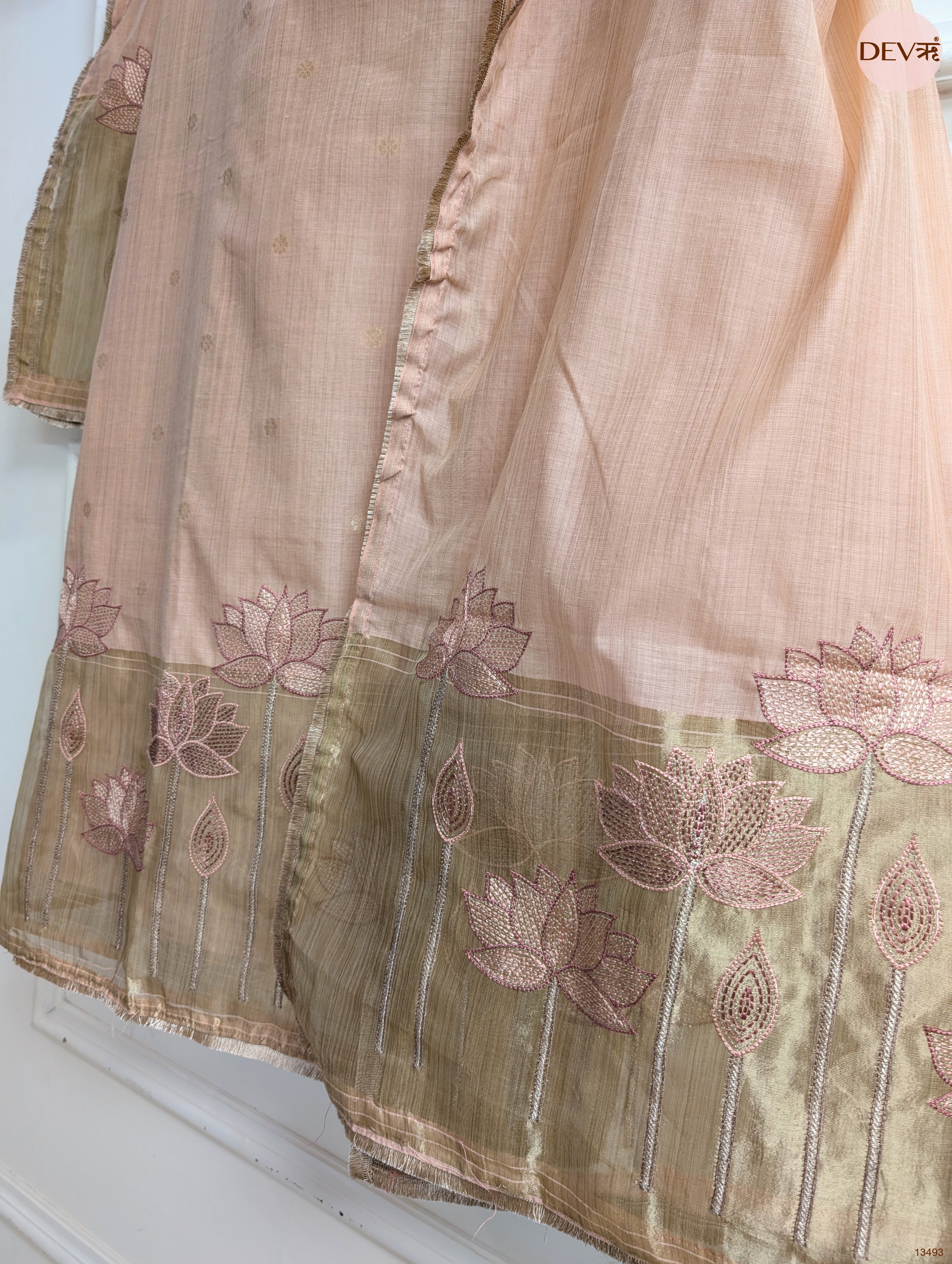 Peach Banarashi Silk Printed Unstitched 3-Piece Suit (Devri – D.No 13493)