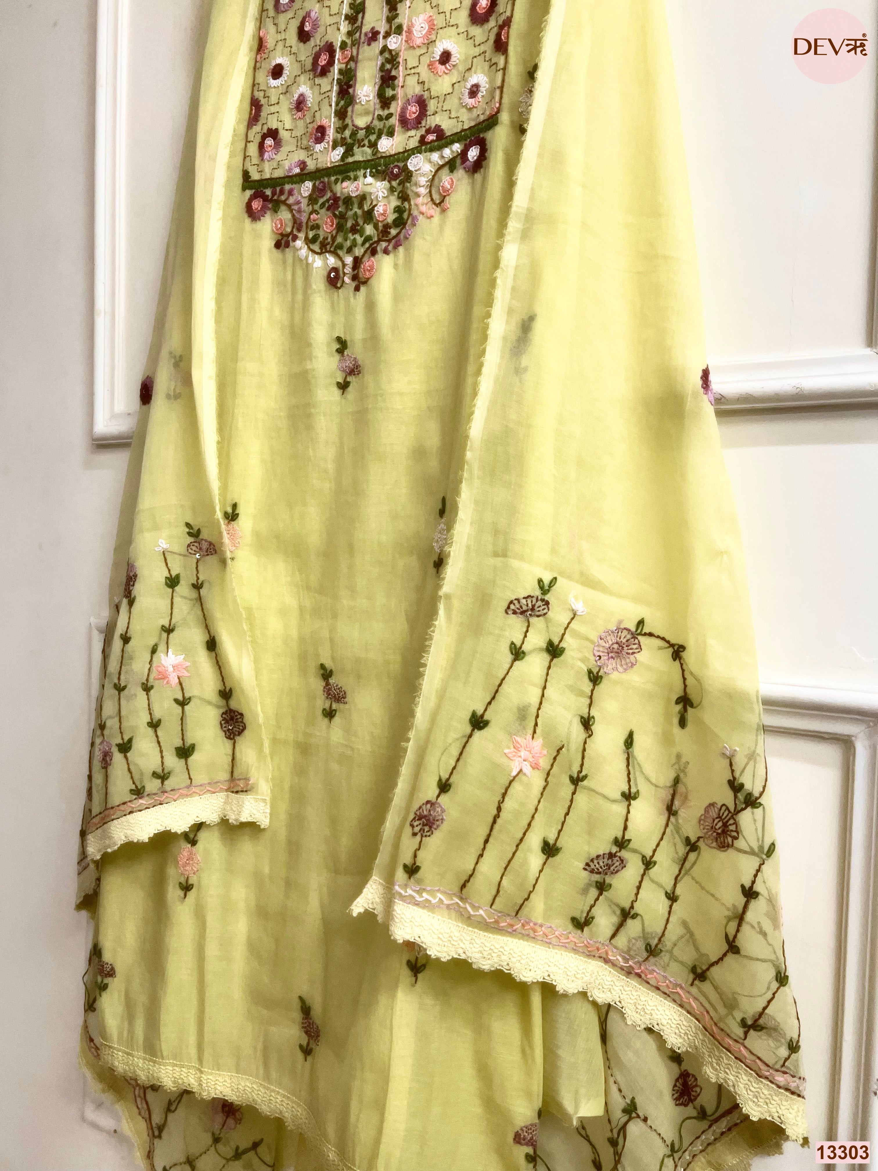 Yellow Mul Chanderi Embroidered Unstitched 3-Piece Suit (Devri – D.No 13303)