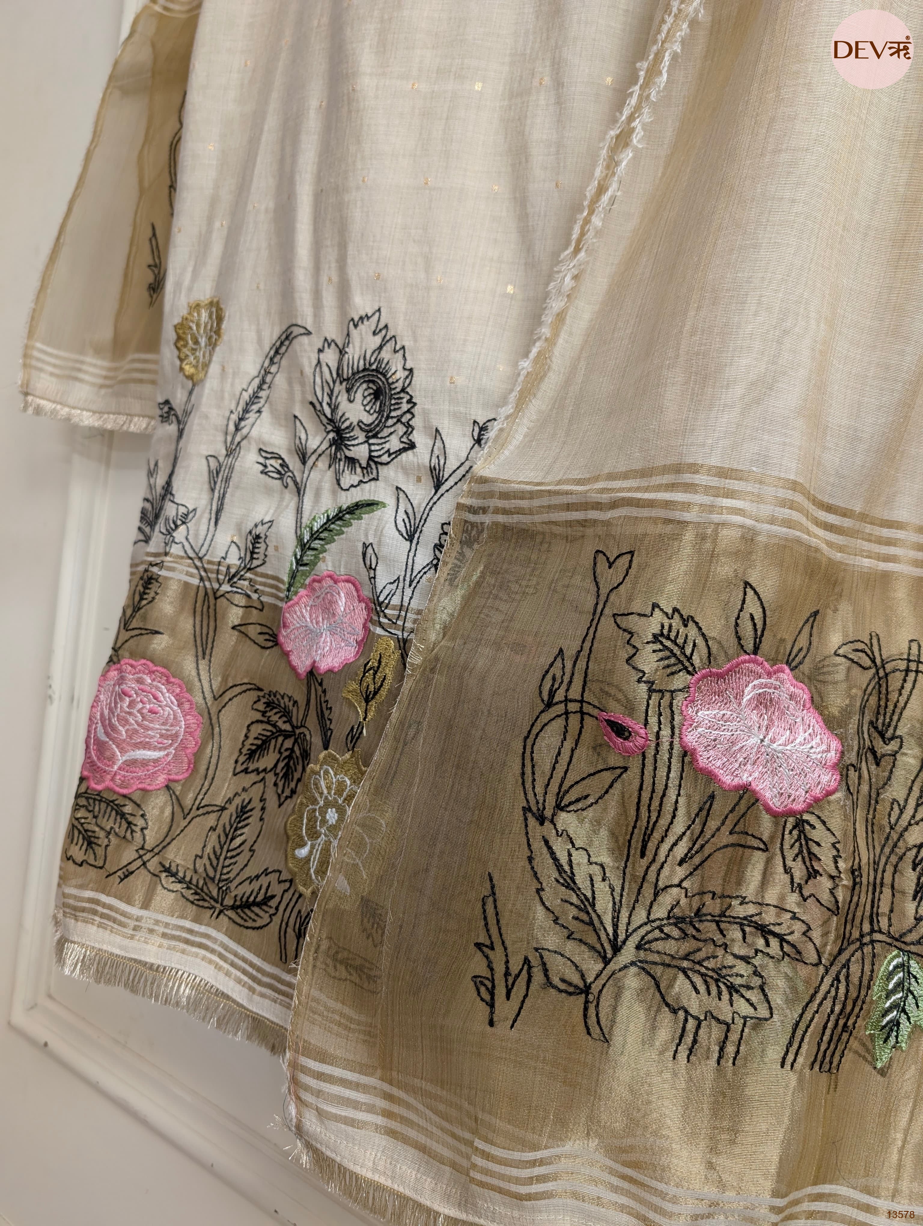 Beige Mul Chanderi Embroidered Unstitched 3-Piece Suit (Devri – D.No 13578)