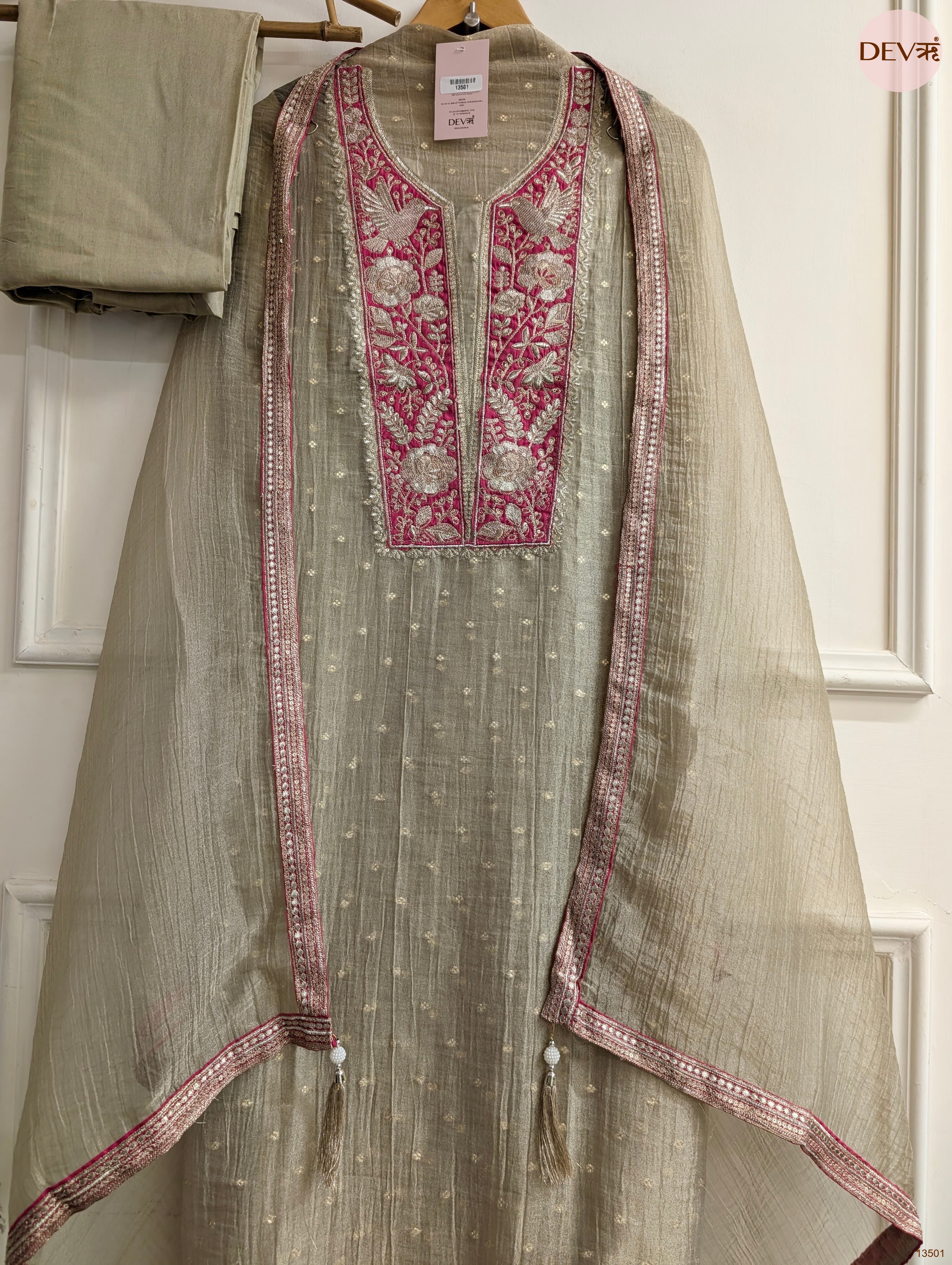 Olive Tissue Silk Embroidered Unstitched 3-Piece Suit (Devri – D.No 13501)