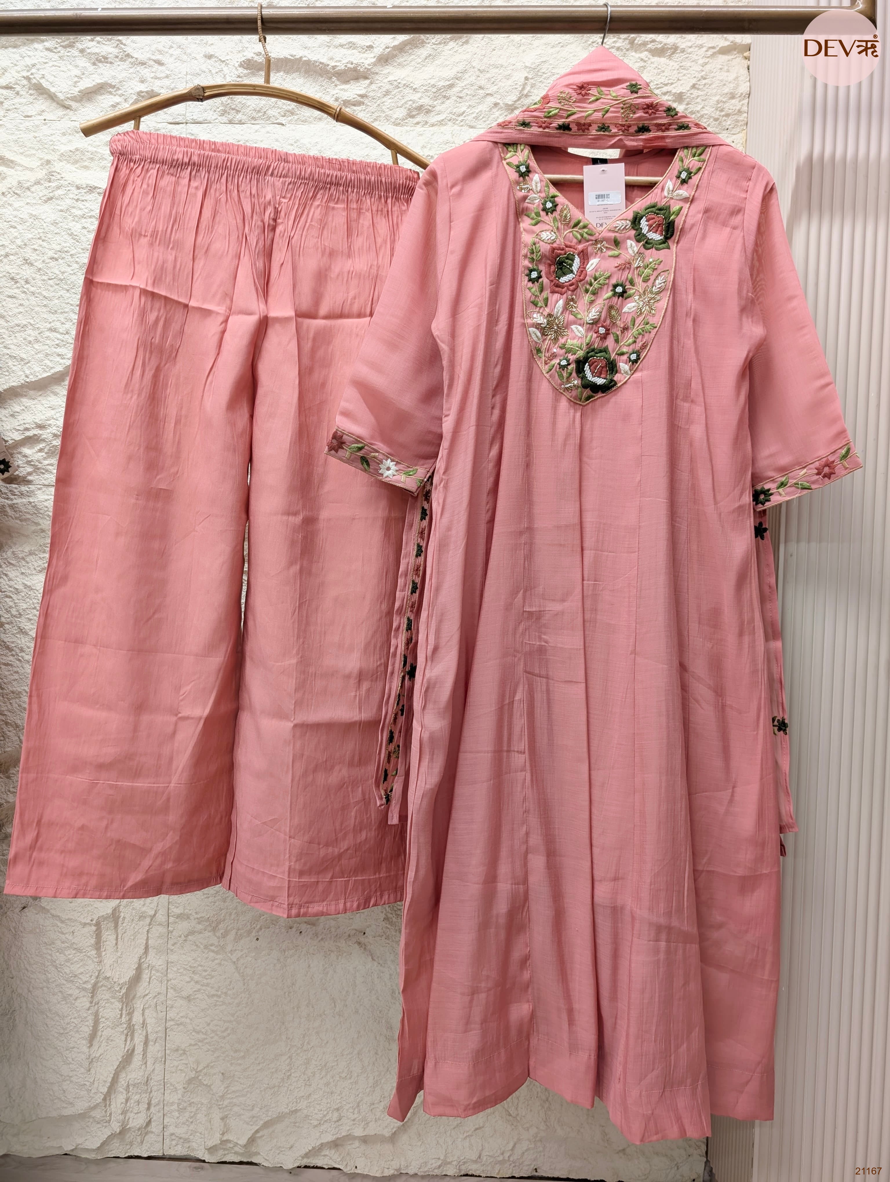 Gulnaar Mul Chanderi Embroidered Pink 3-Piece Set (Devri – D.No 21167)