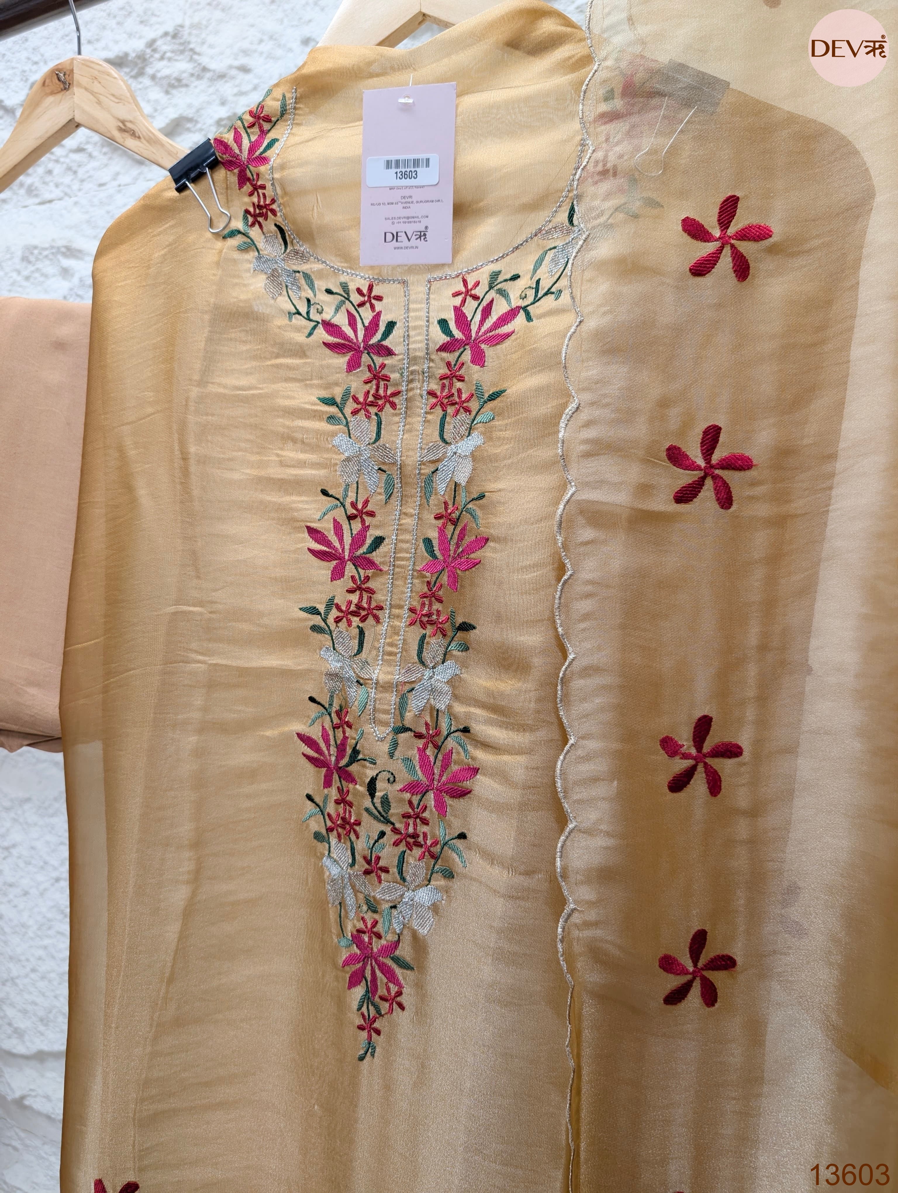 Beige Crush Tissue Silk Embroidered Unstitched 3-Piece Suit (Devri – D.No 13603)