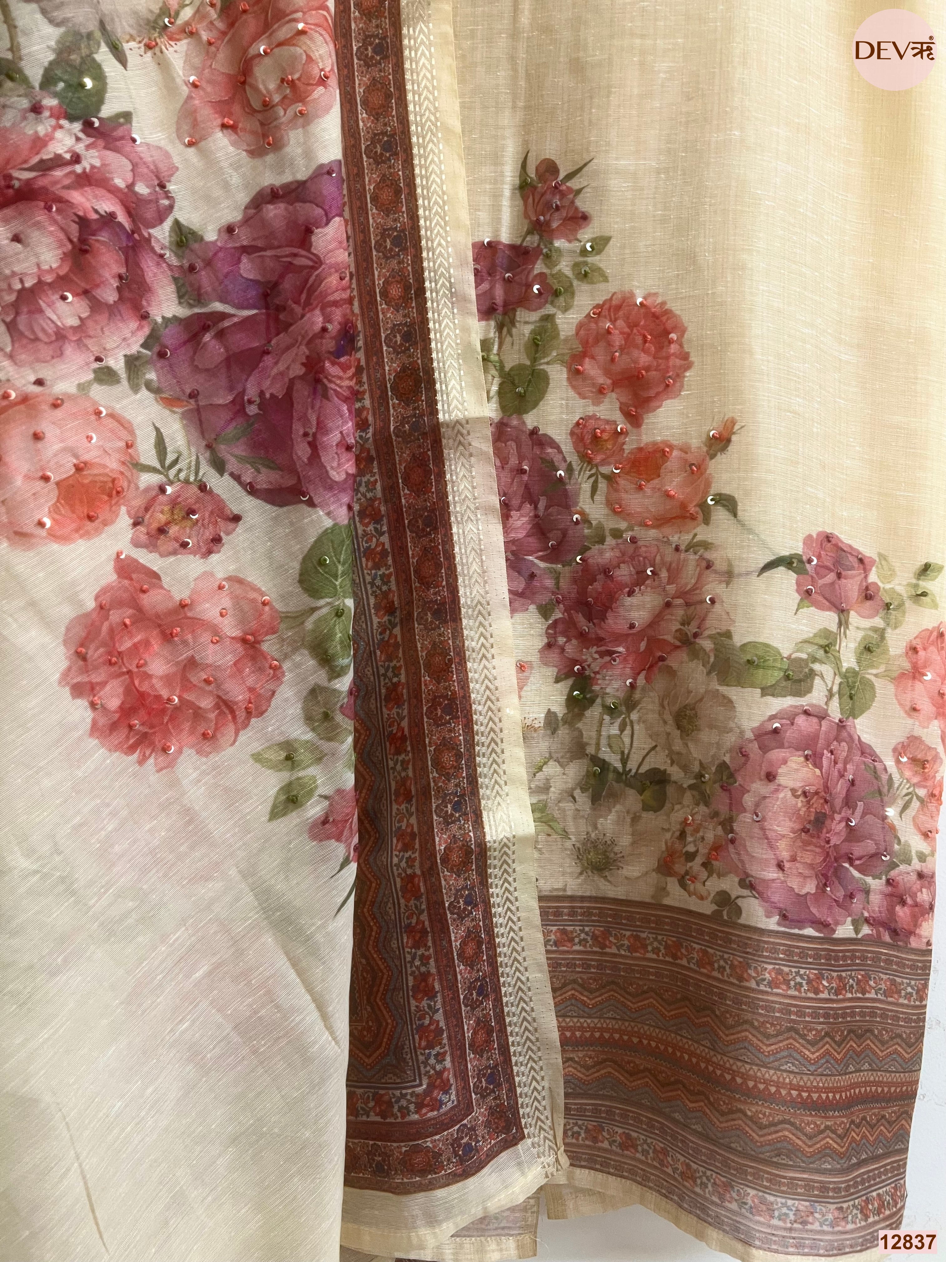 Cream Mul Chanderi Printed Unstitched 3-Piece Suit (Devri – D.No 12837)