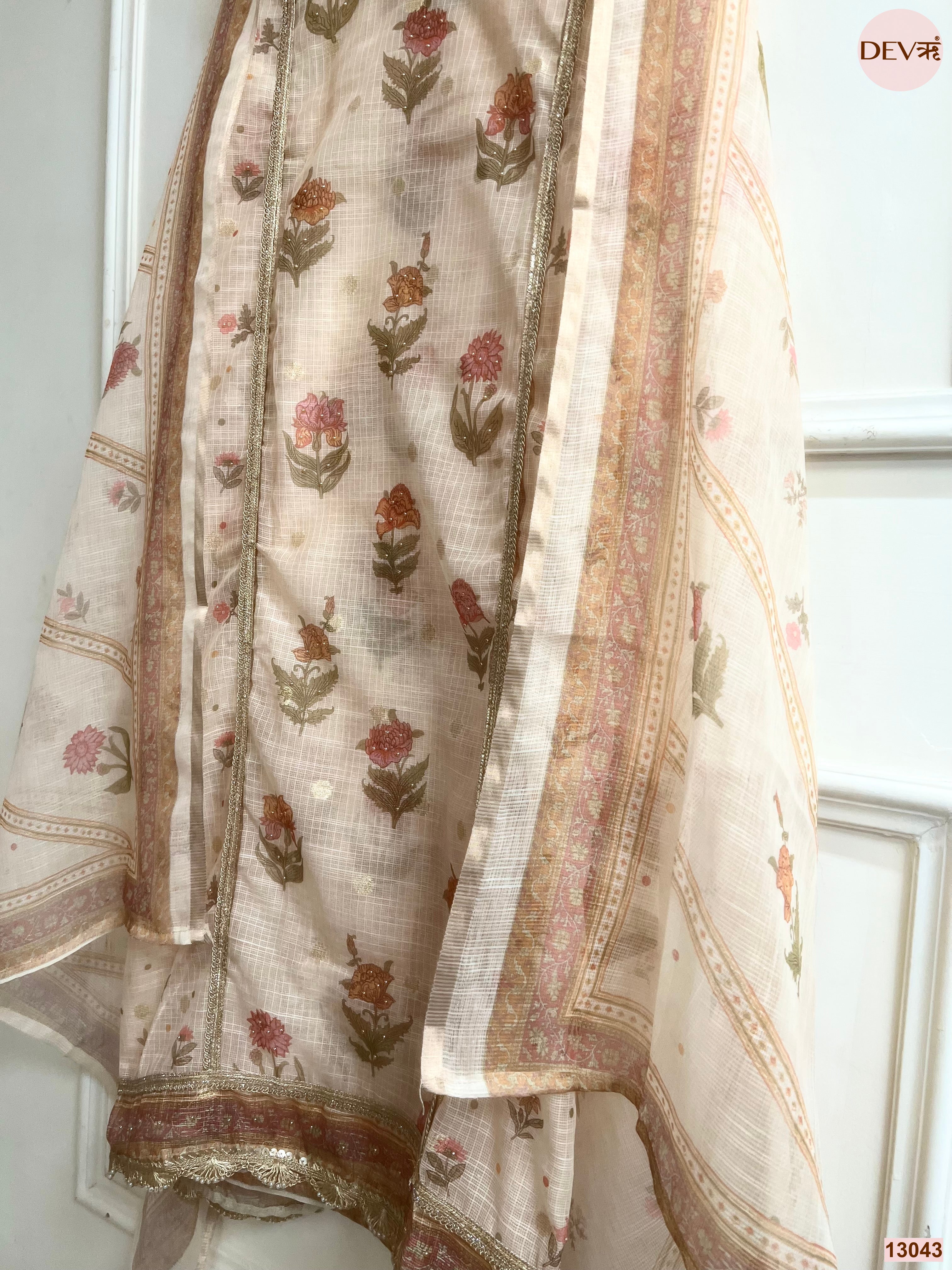 Beige Kota Printed Unstitched 3-Piece Suit (Devri – D.No 13043)
