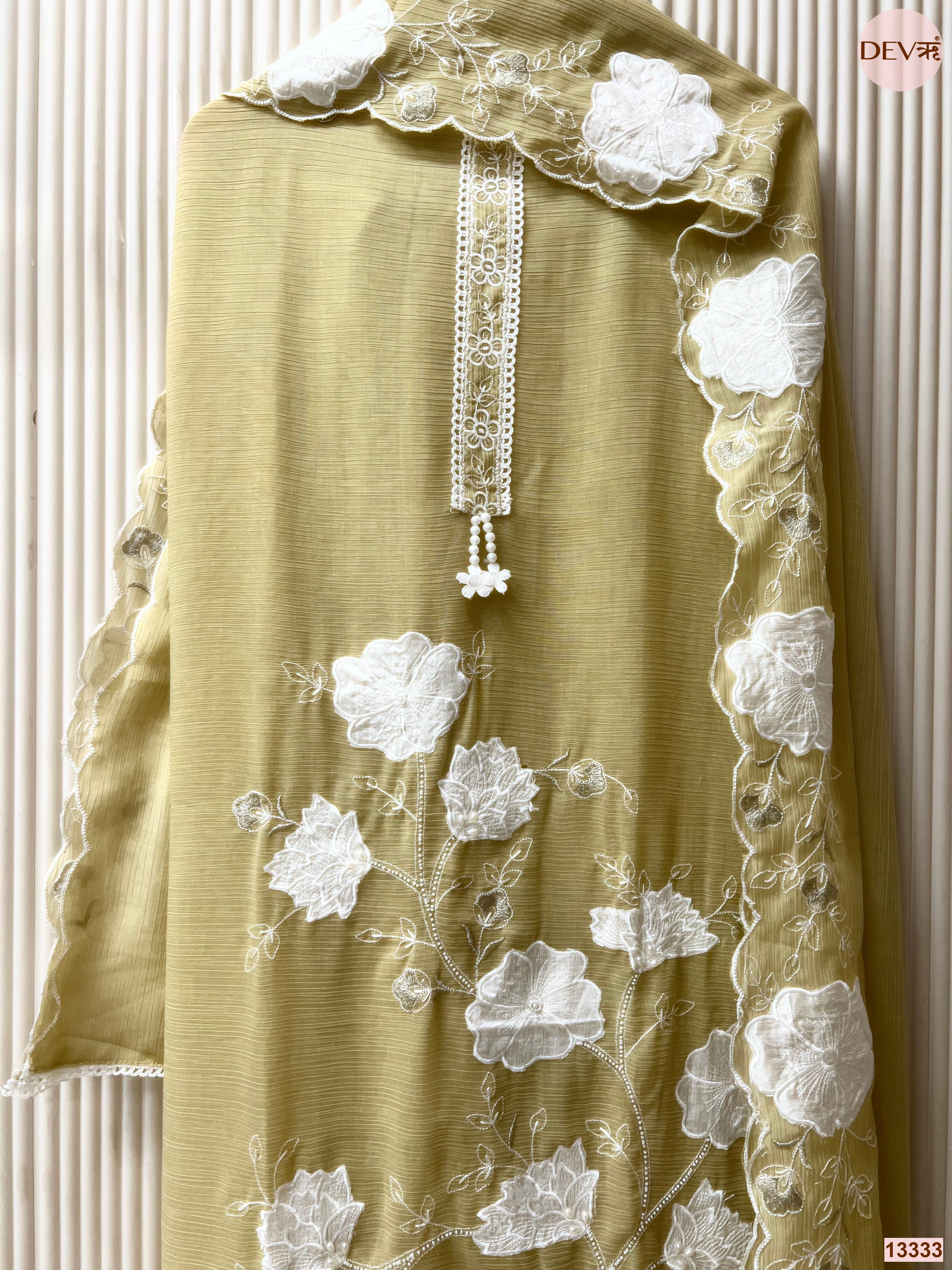 Olive Mul Chanderi Crush Embroidered Unstitched 3-Piece Suit (Devri – D.No 13333)