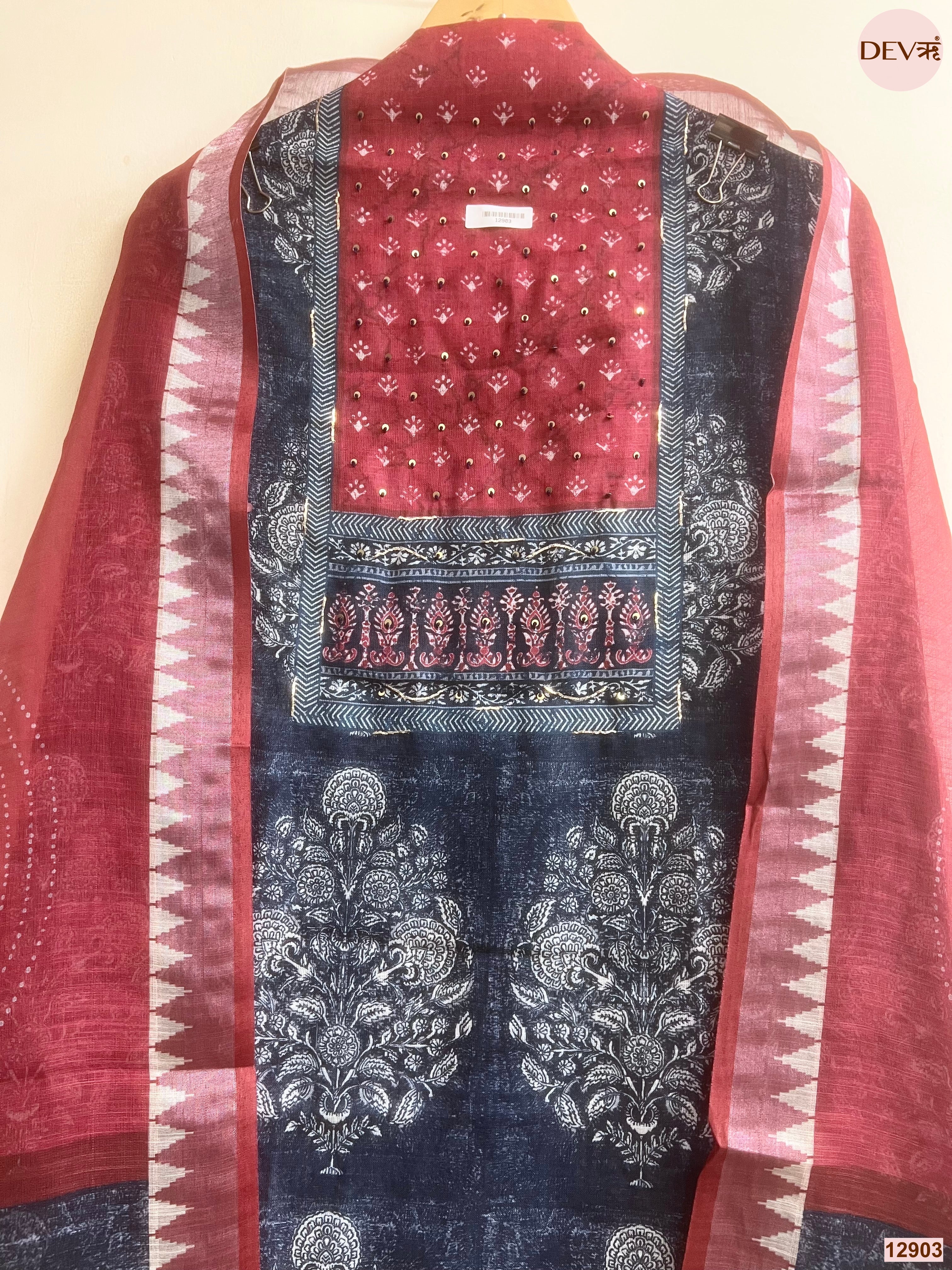 Maroon Linen Cotton Printed Unstitched 3-Piece Suit (Devri – D.No 12903)