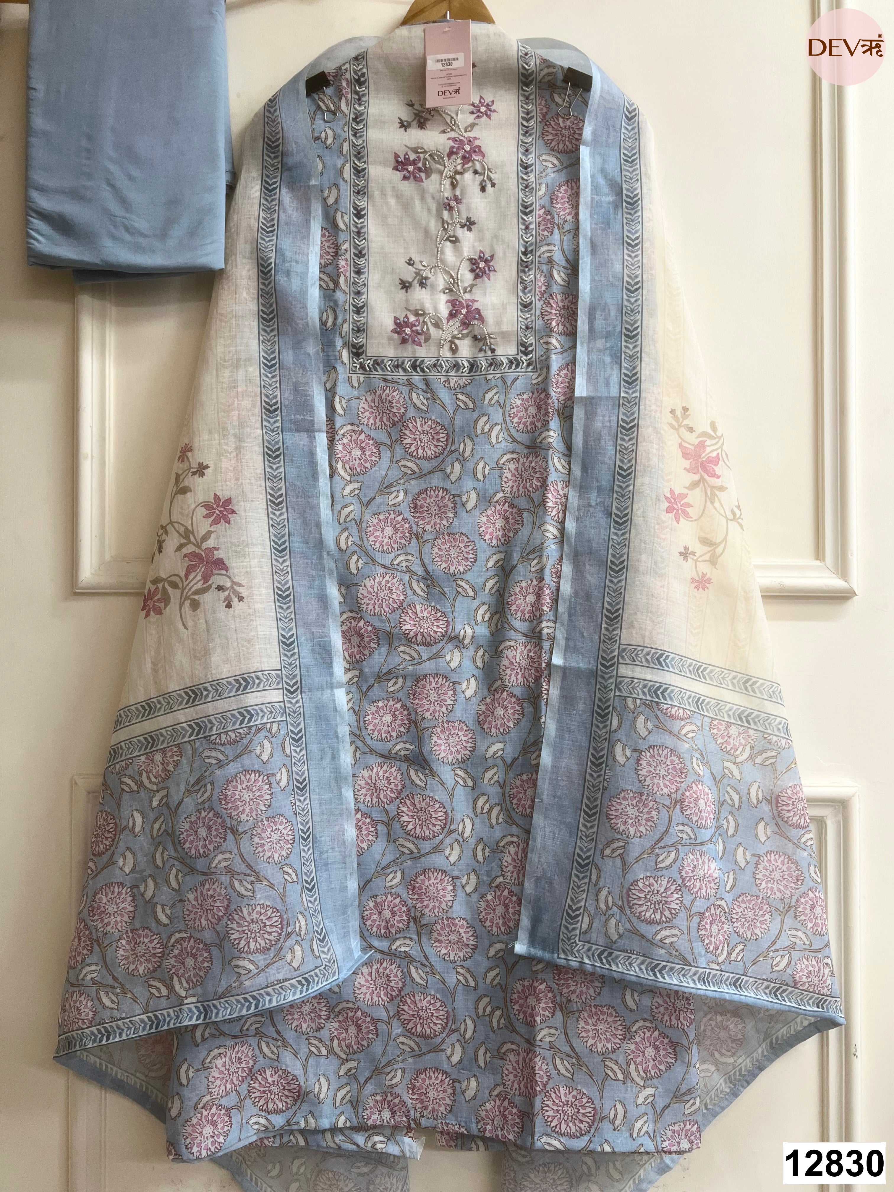 Blue Linen Cotton Printed Unstitched 3-Piece Suit (Devri – D.No 12830)