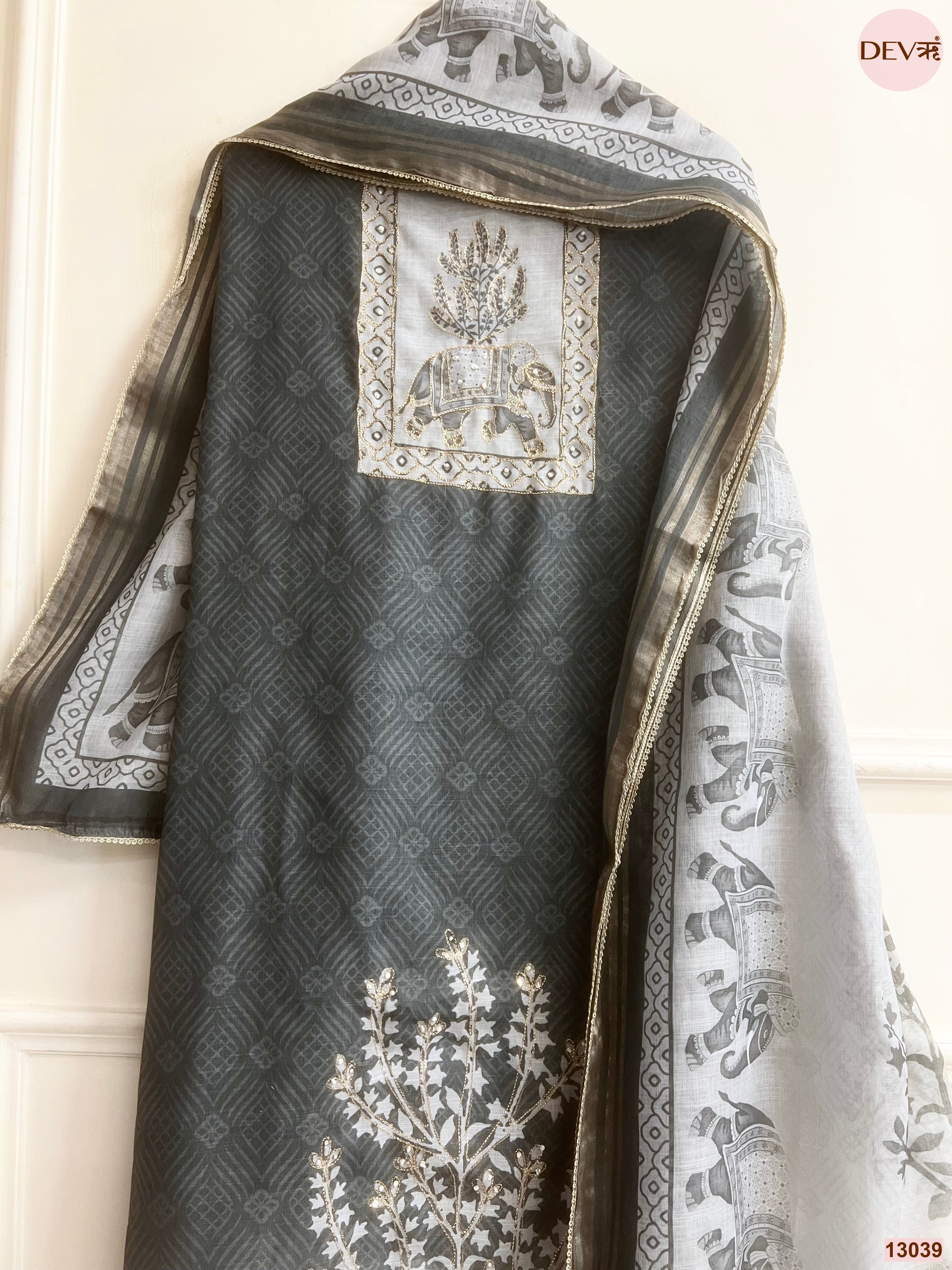 Green Linen Cotton Printed Unstitched 3-Piece Suit (Devri – D.No 13039)
