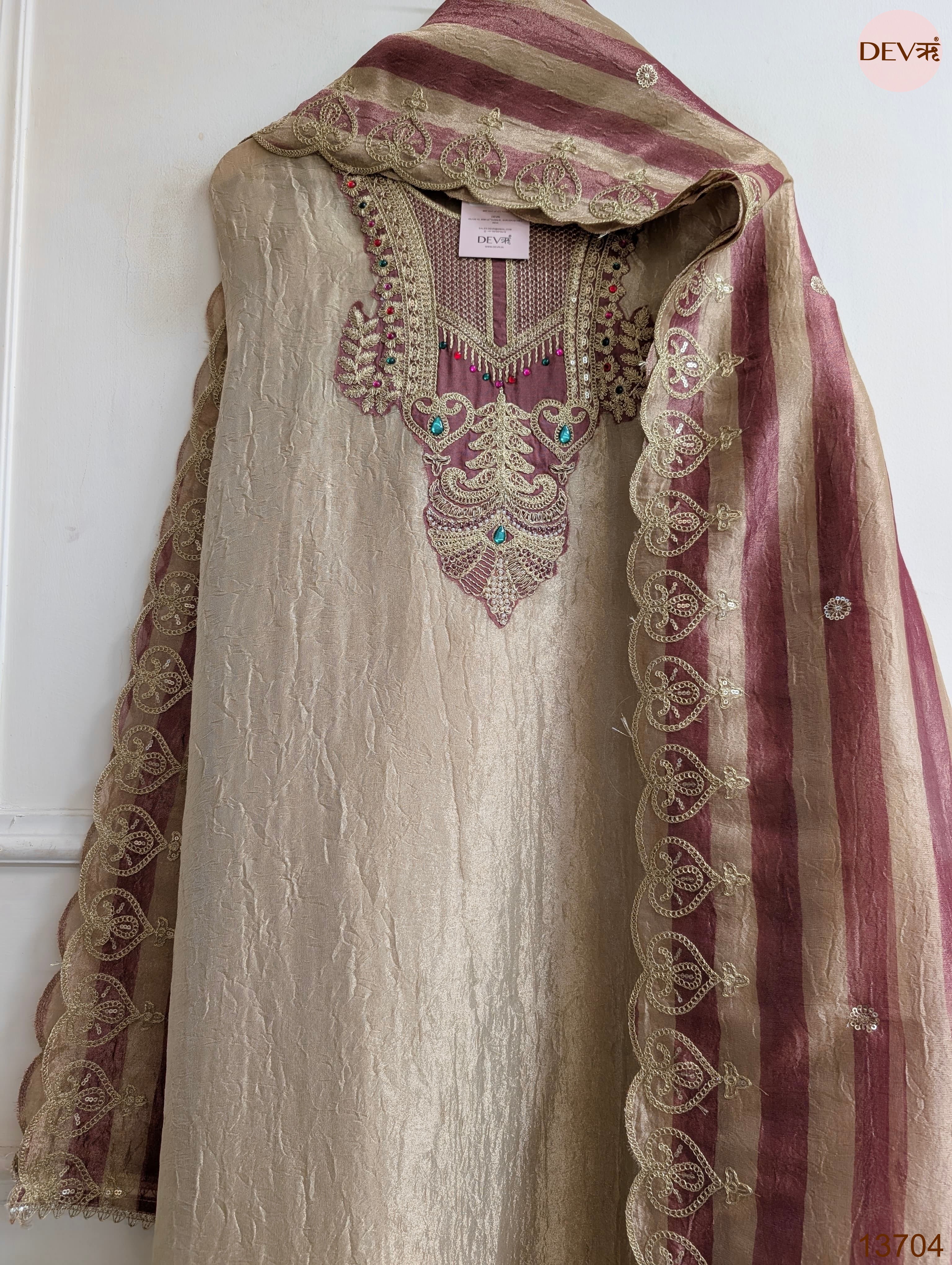 Beige Pure Tissue Silk Embroidered Unstitched 3-Piece Suit (Devri – D.No 13704)