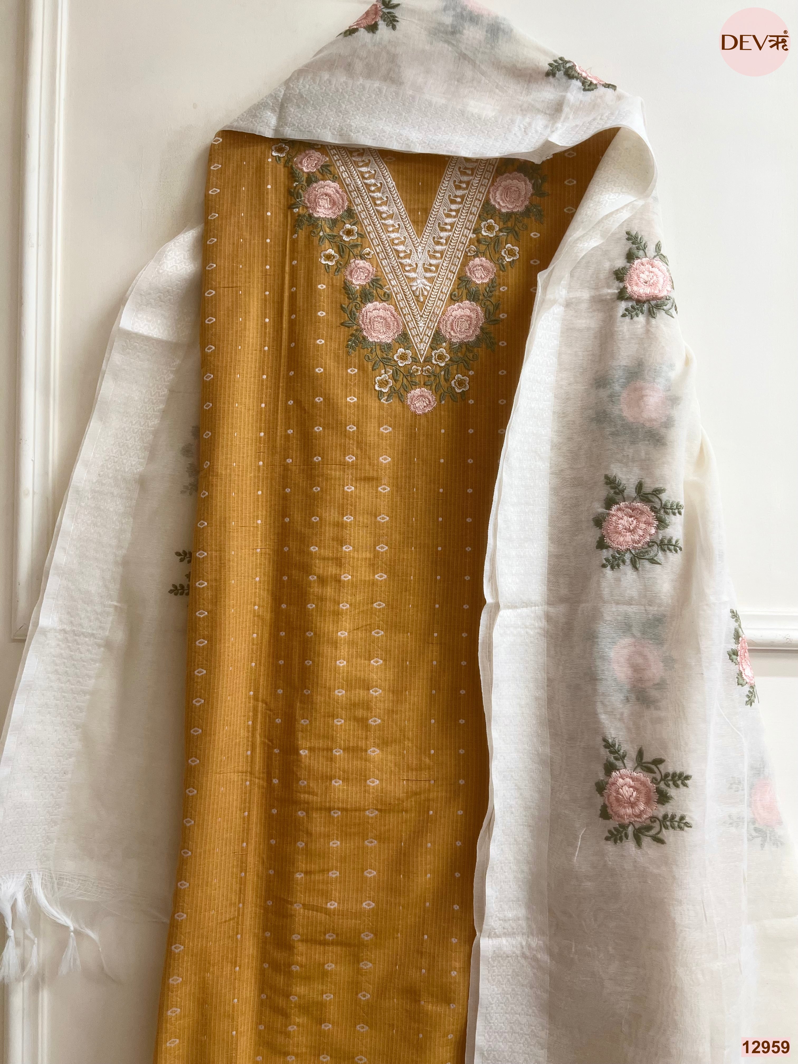 Mustard Cotton Handloom Embroidered Unstitched 3-Piece Suit (Devri – D.No 12959)