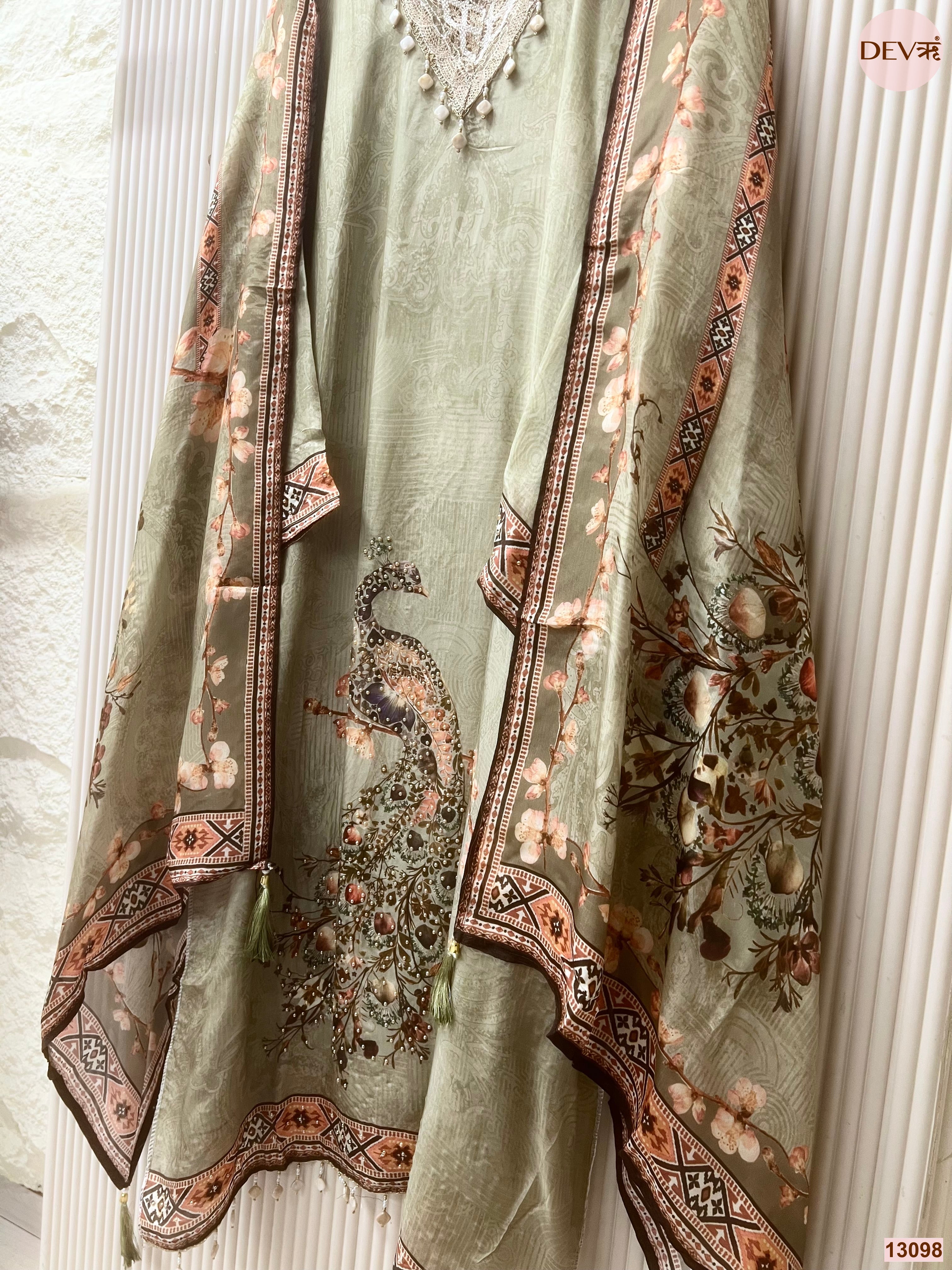 Green Tissue Organza Printed Unstitched 3-Piece Suit (Devri – D.No 13098)