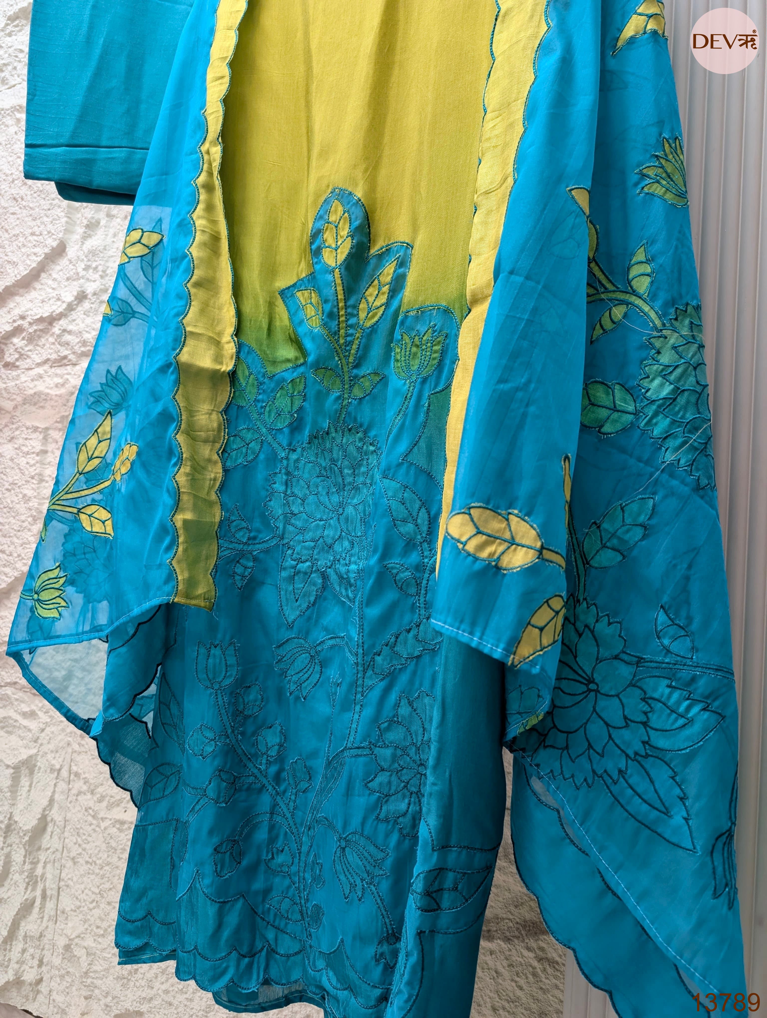 Teal Muslin Embroidered Unstitched 3-Piece Suit (Devri – D.No 13789)