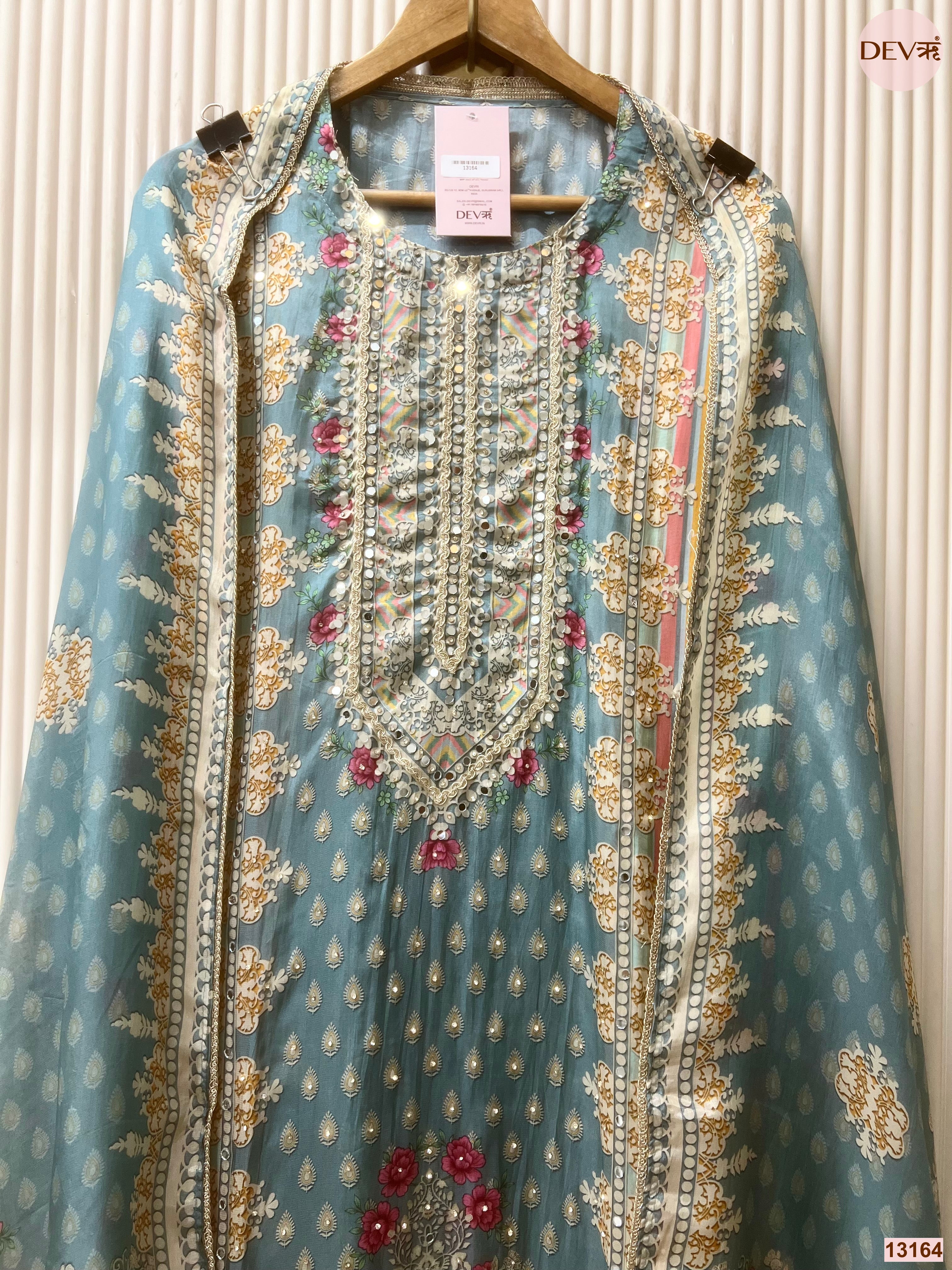 Blue Tissue Organza Printed Unstitched 3-Piece Suit (Devri – D.No 13164)