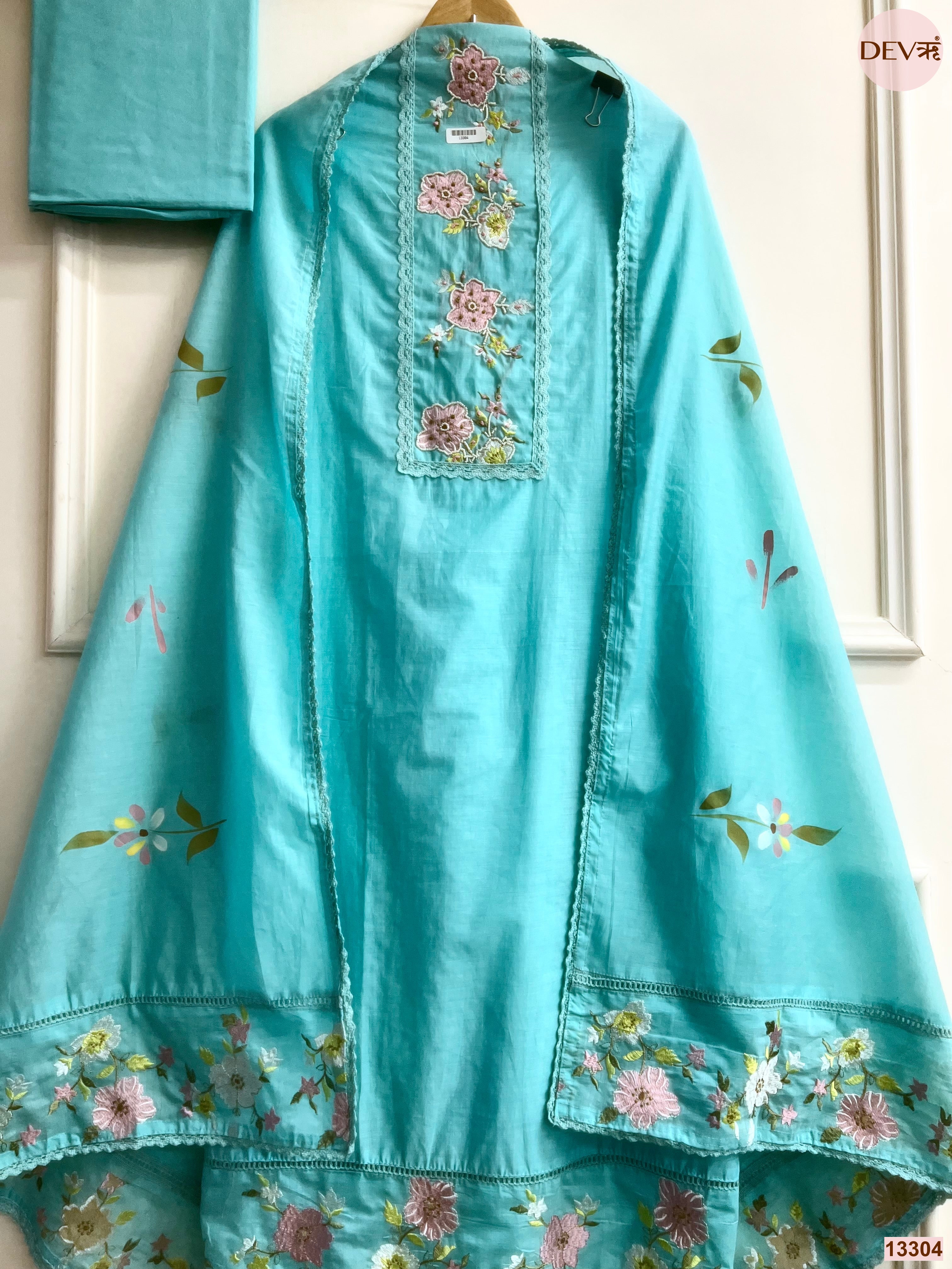 Turquoise Mul Cotton Embroidered Unstitched 3-Piece Suit (Devri – D.No 13304)