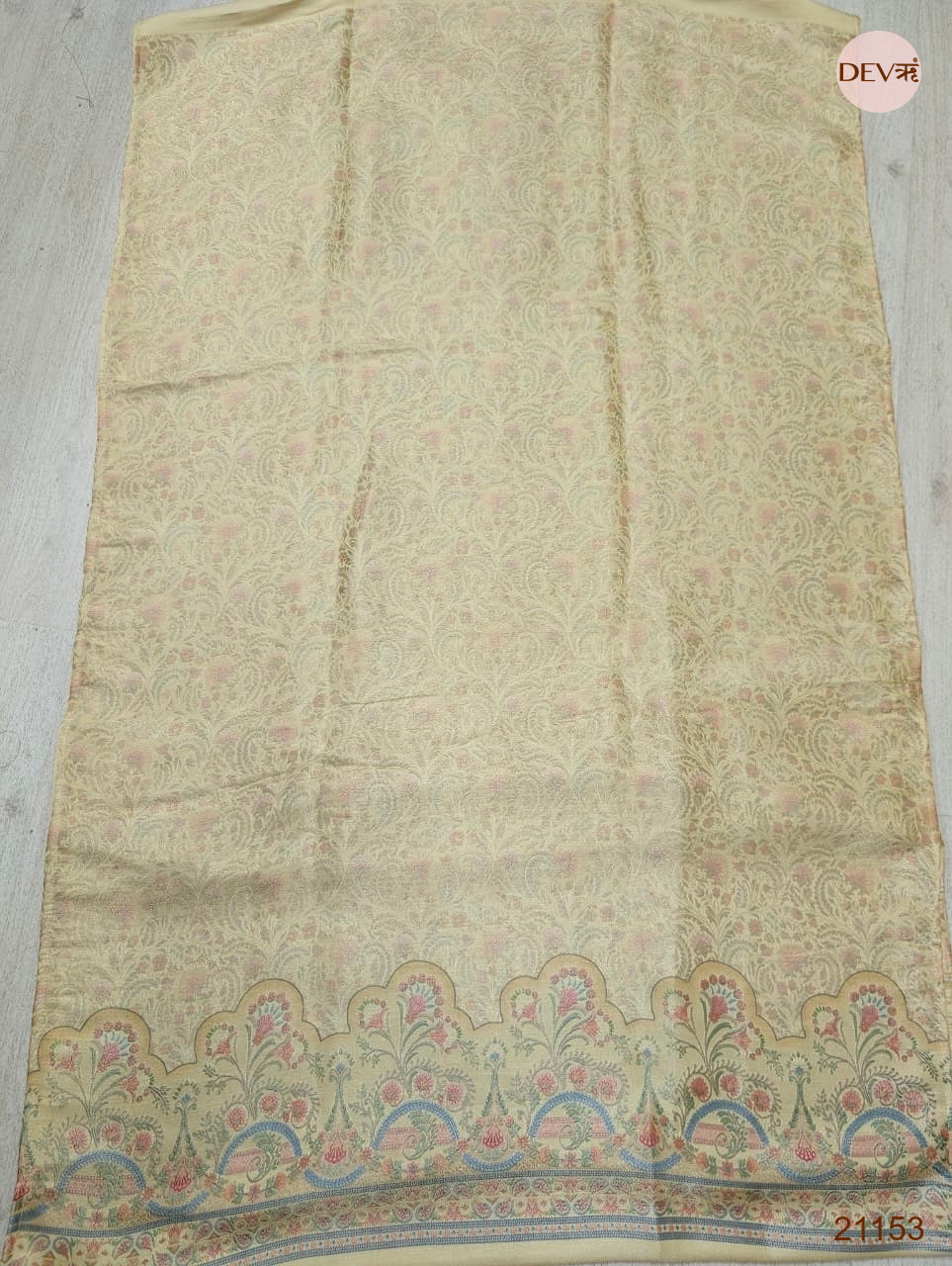 Cream Pure Banarasi Woven Silk Printed Unstitched 3-Piece Suit (Devri – D.No 21153)
