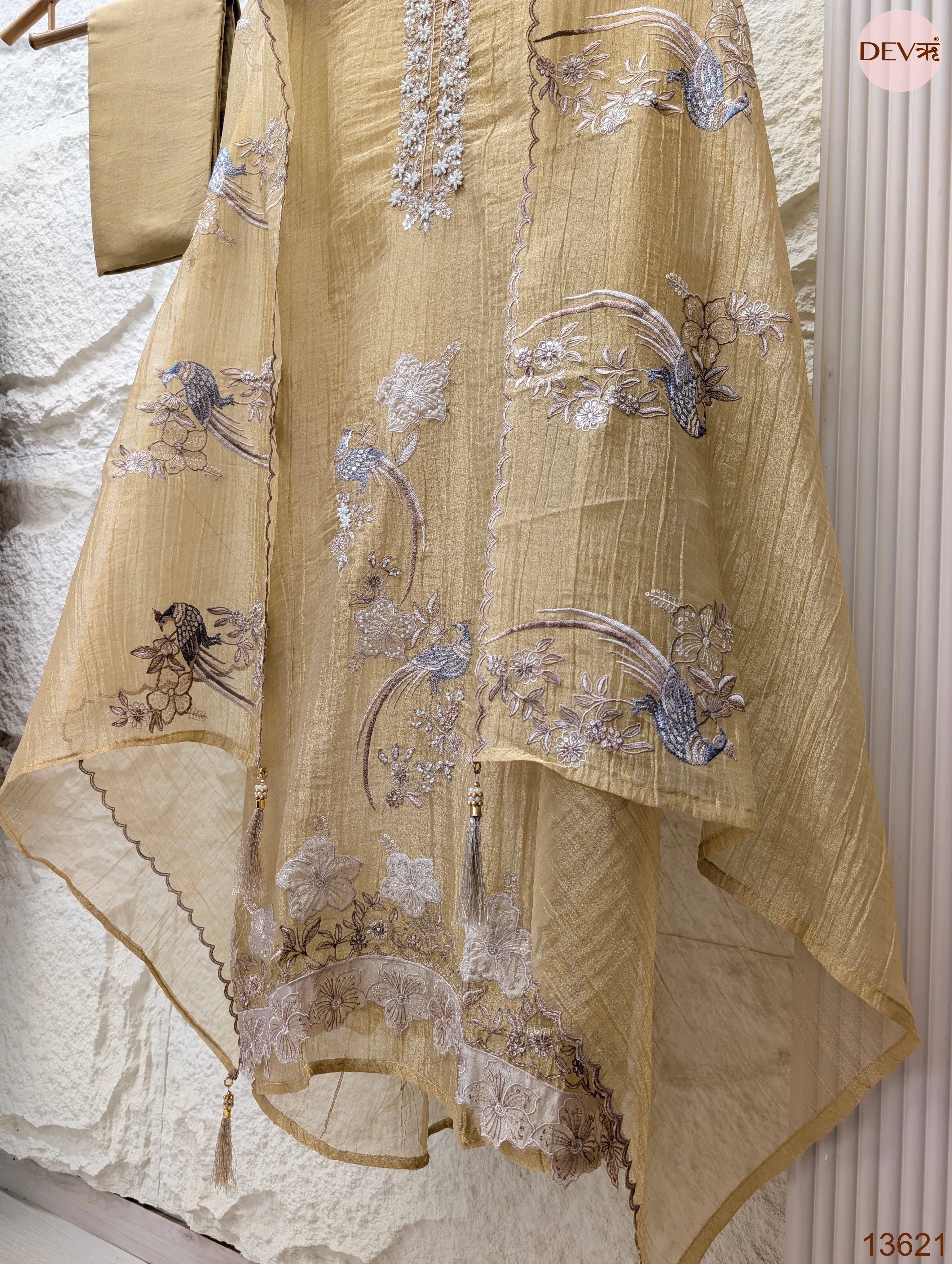 Beige Tissue Crush Silk Embroidered Unstitched 3-Piece Suit (Devri – D.No 13621)