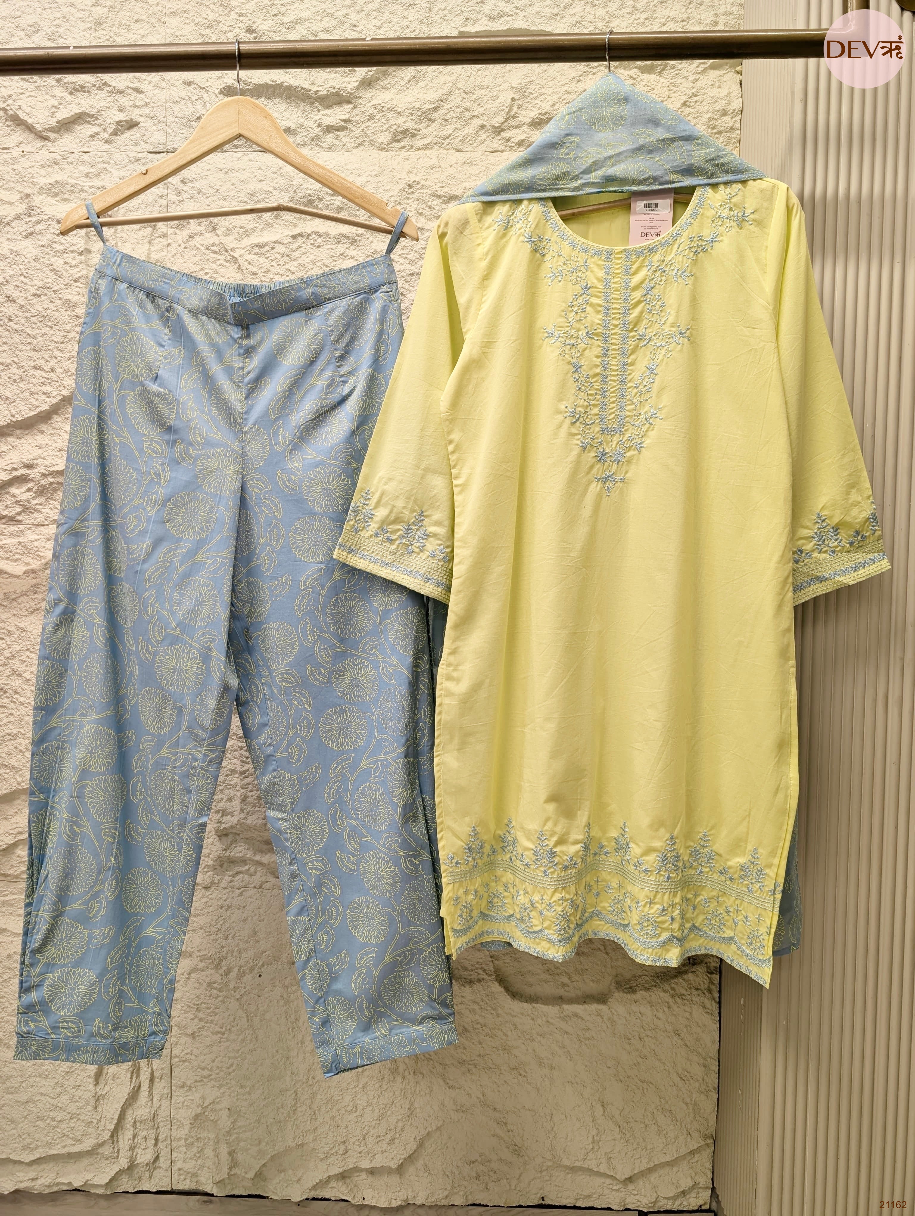 Gulnaar Mul Cotton Embroidered Yellow 3-Piece Set (Devri – D.No 21162)