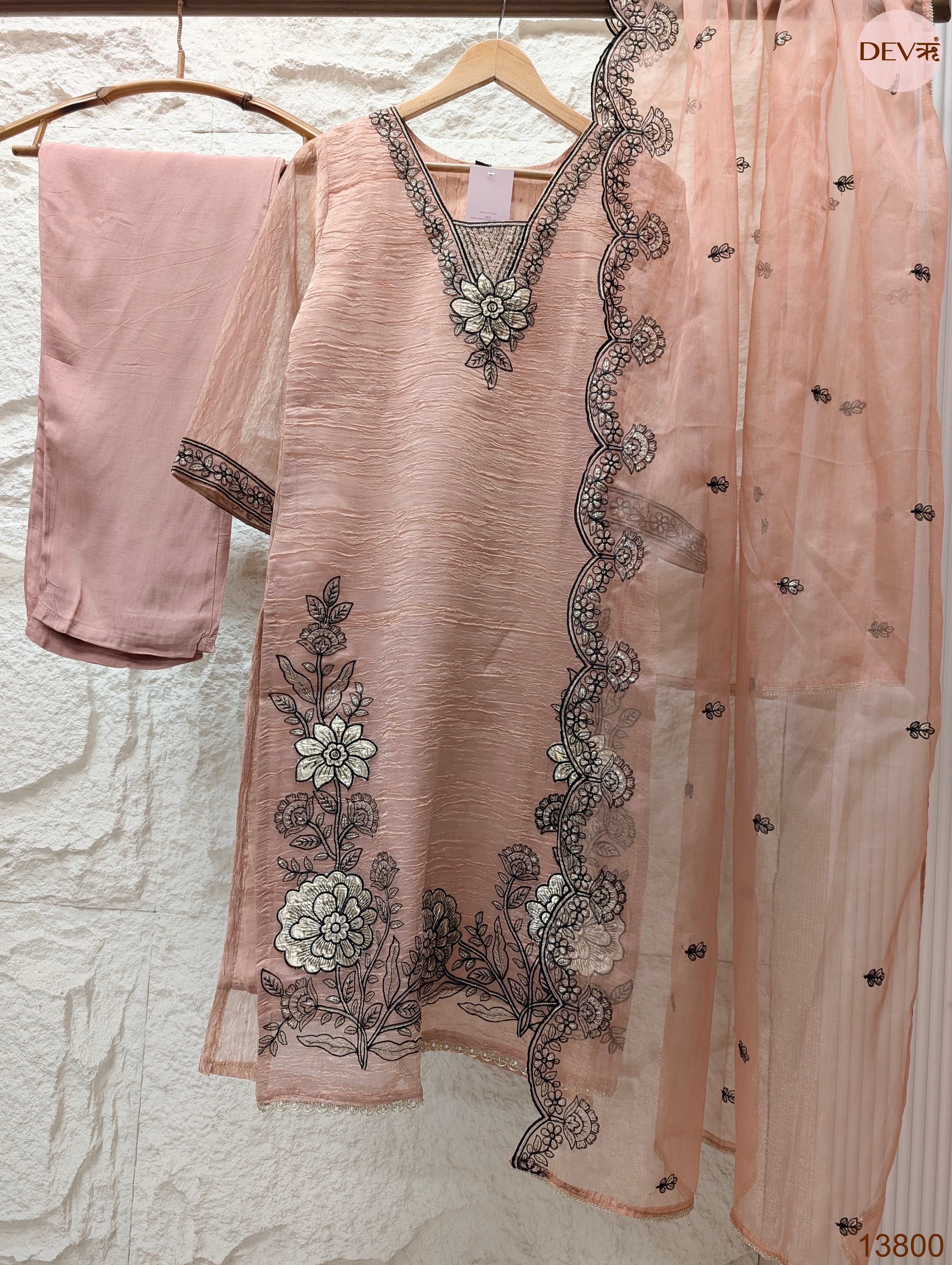 Gulnaar Tissue silk Embroidered Blush Pink 3-Piece Set (Devri – D.No 13800)