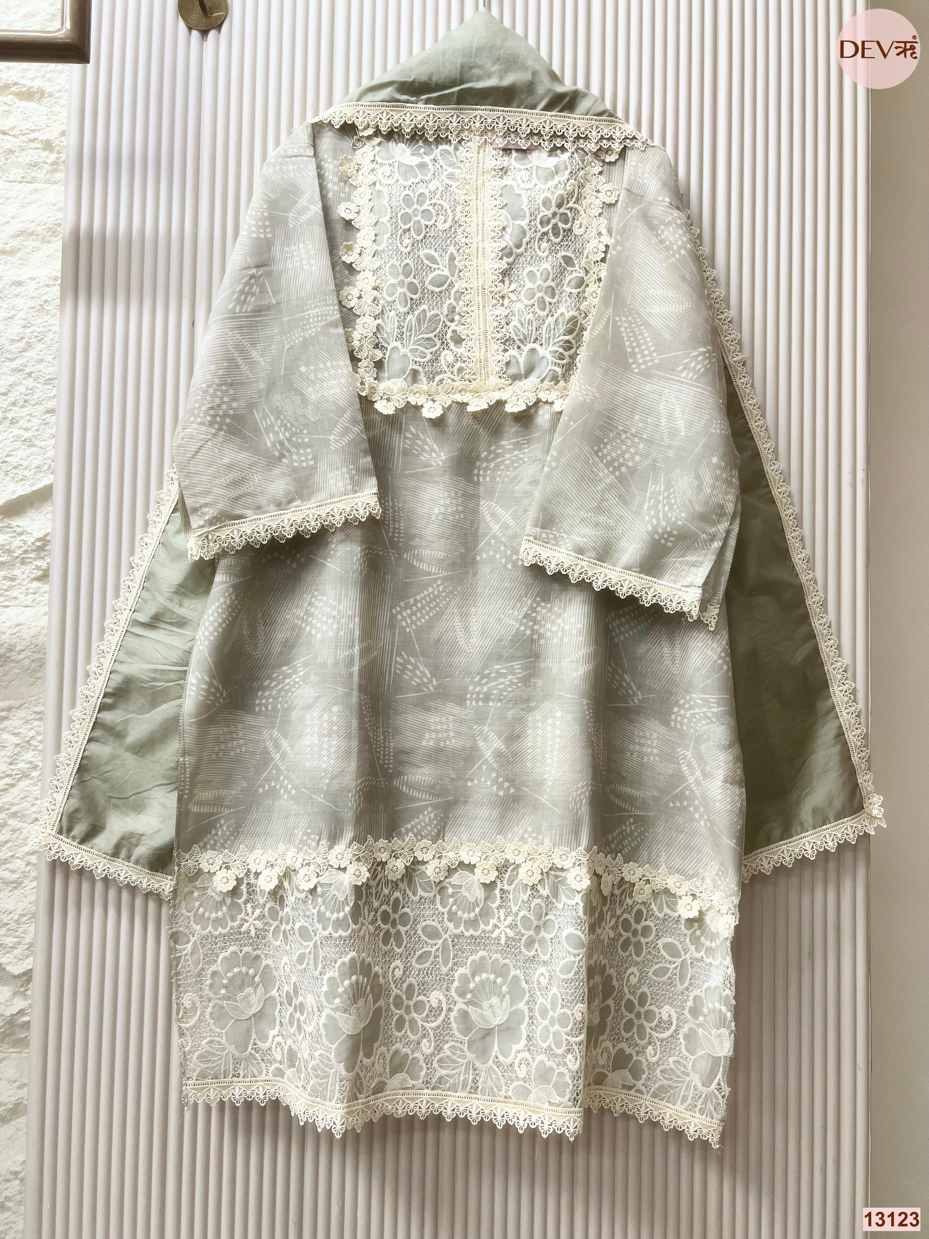Sage Linen Embroidered Unstitched 3-Piece Suit (Devri – D.No 13123)