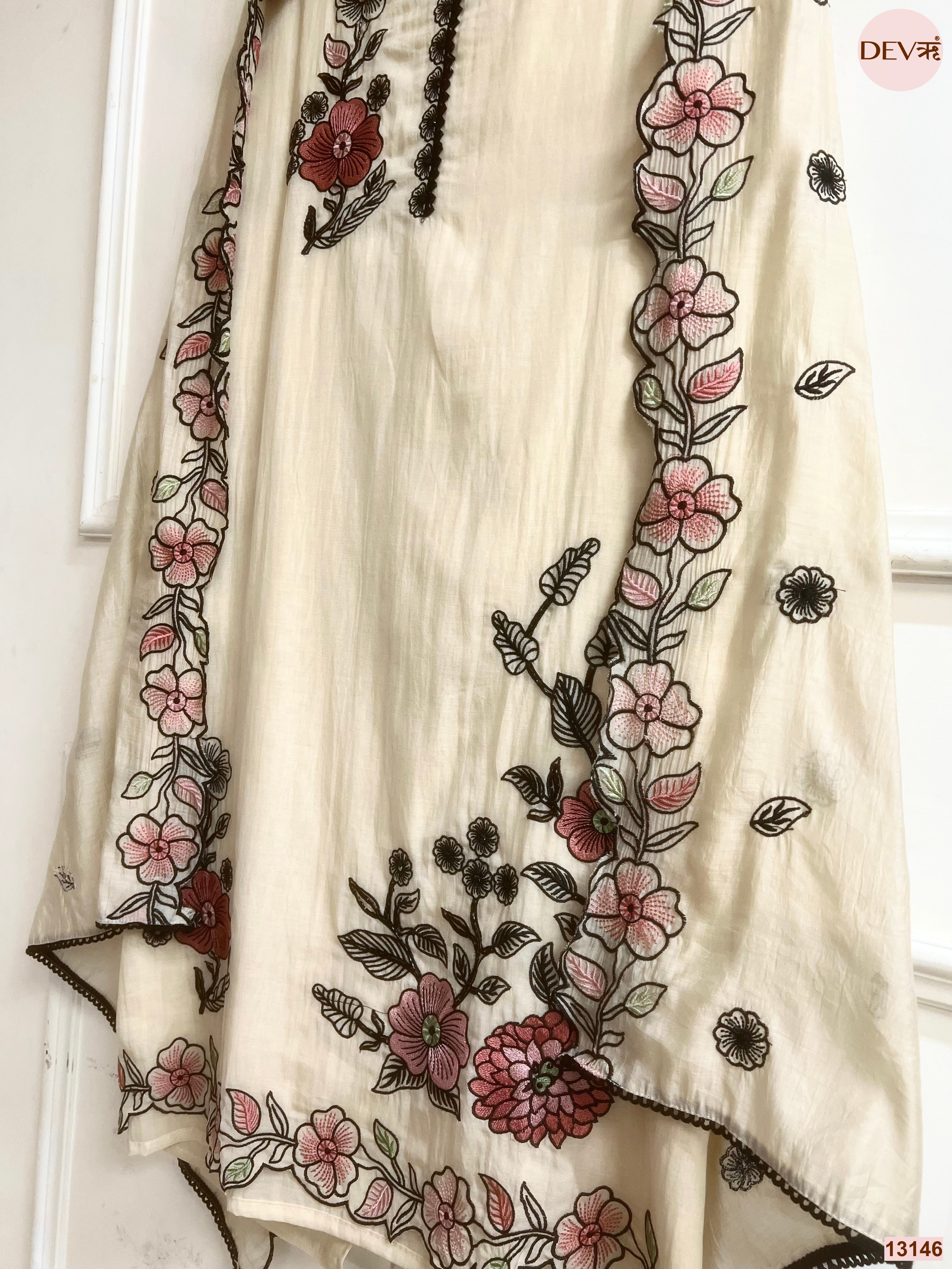 Cream Mul Chanderi Embroidered Unstitched 3-Piece Suit (Devri – D.No 13146)