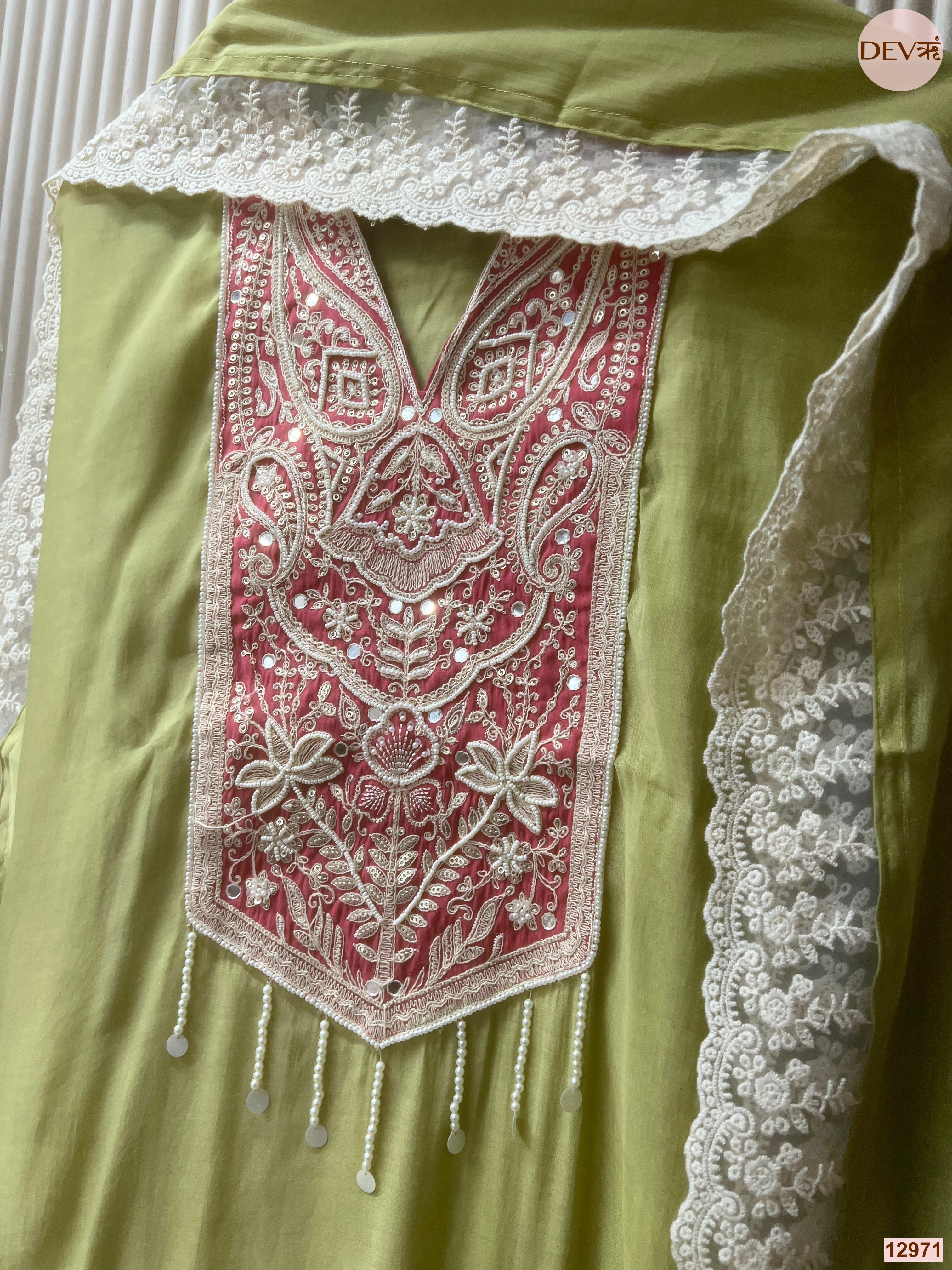 Green Mul Chanderi Embroidered Unstitched 3-Piece Suit (Devri – D.No 12971)