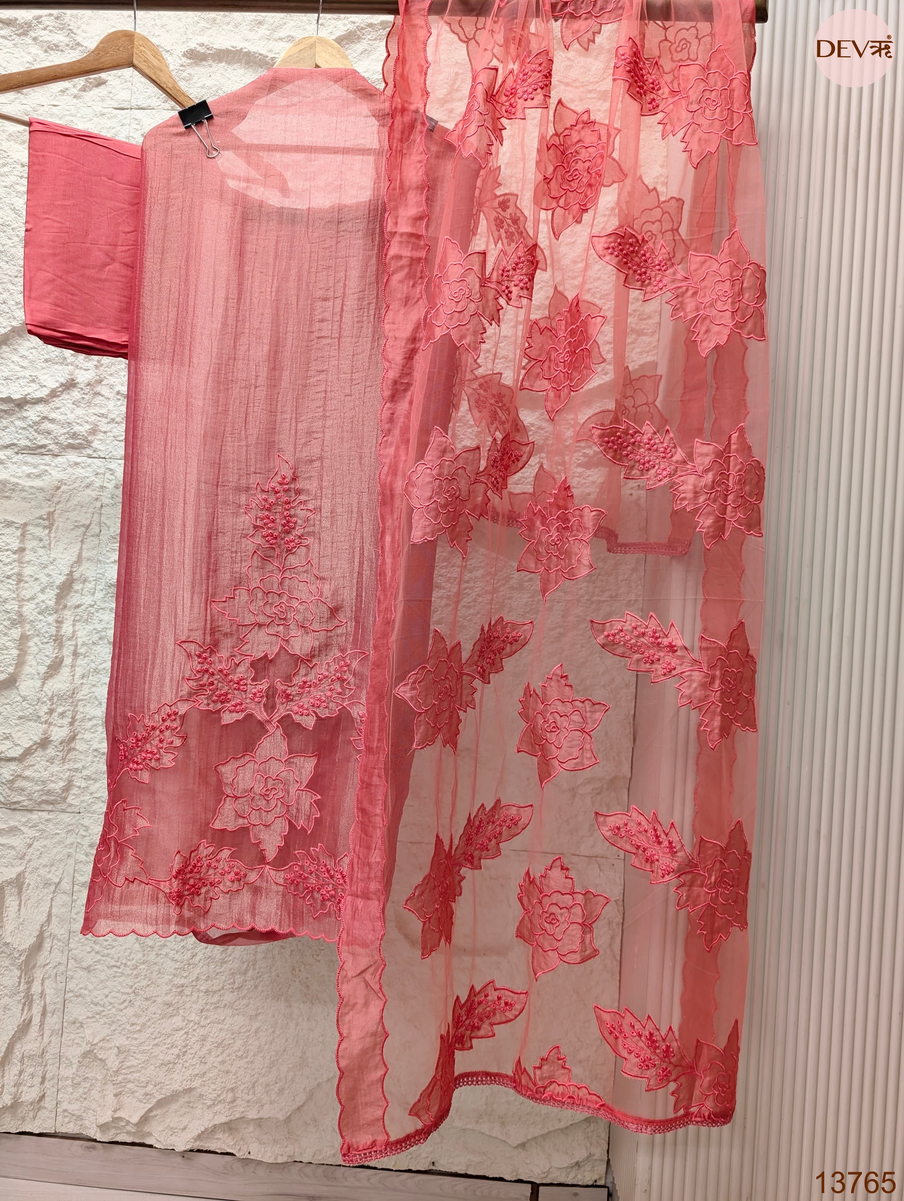 Pink Tissue Silk Embroidered Unstitched 3-Piece Suit (Devri – D.No 13765)