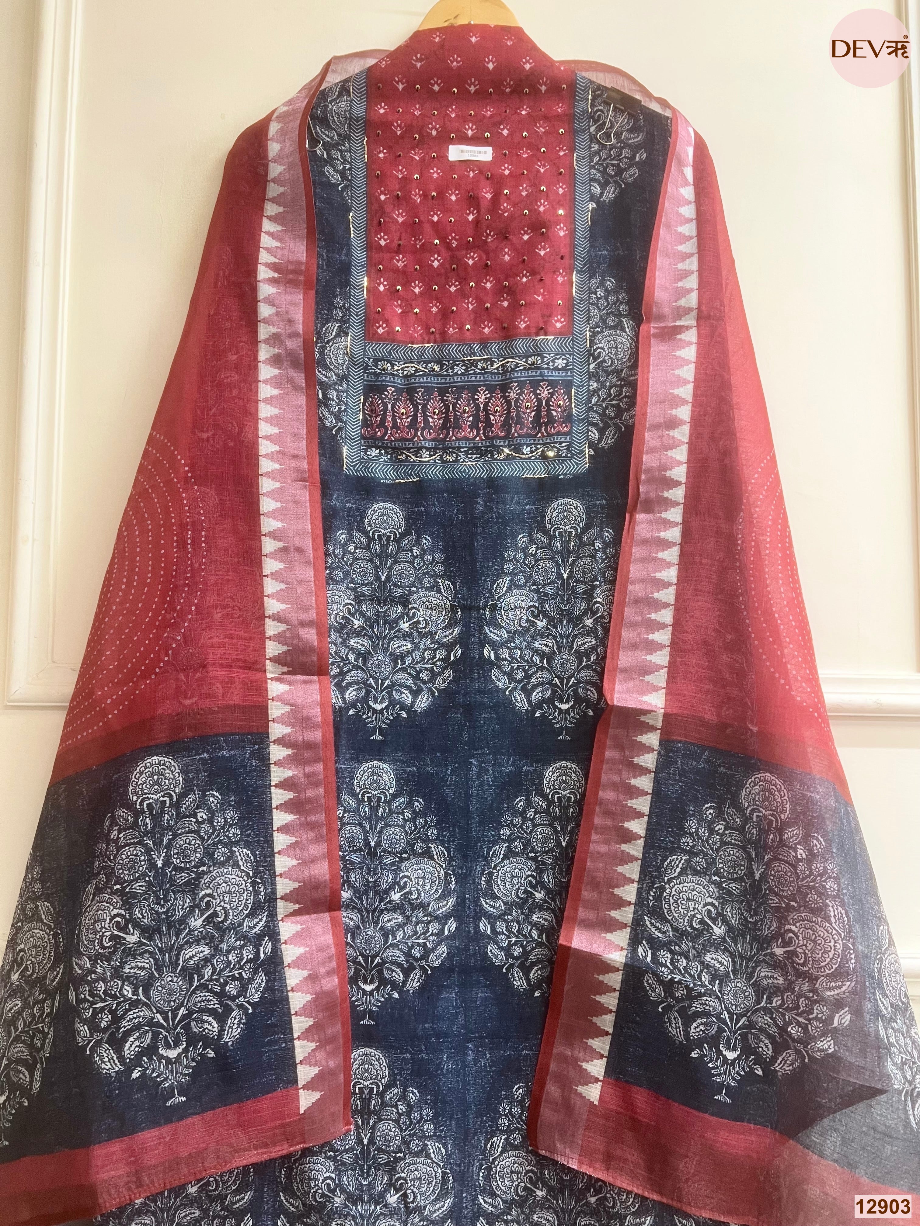 Maroon Linen Cotton Printed Unstitched 3-Piece Suit (Devri – D.No 12903)
