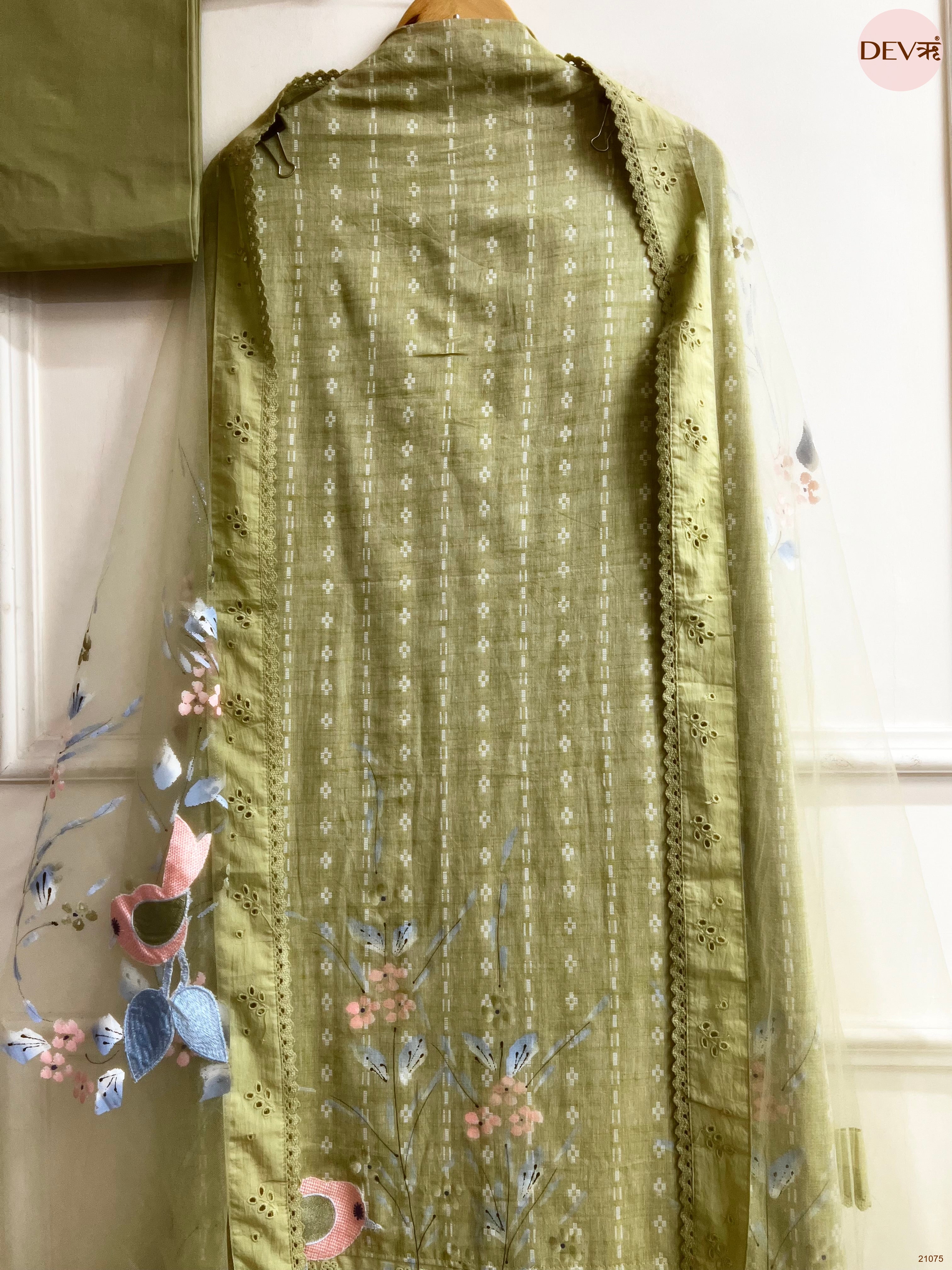 Olive Pure Cotton Printed Unstitched 3-Piece Suit (Devri – D.No 21075)